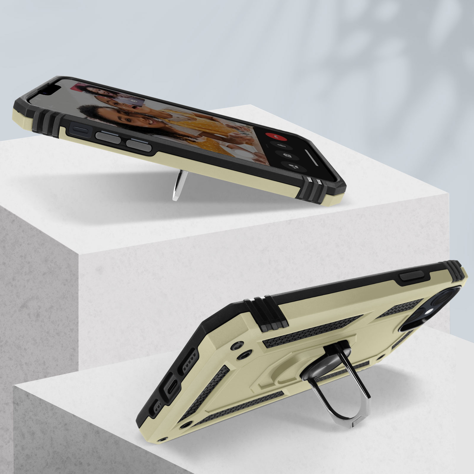 Ein Telefon in einem beigefarbenen Gehäuse mit einem Ringständer auf einem weißen Block. Das Telefon zeigt einen Videoanruf.