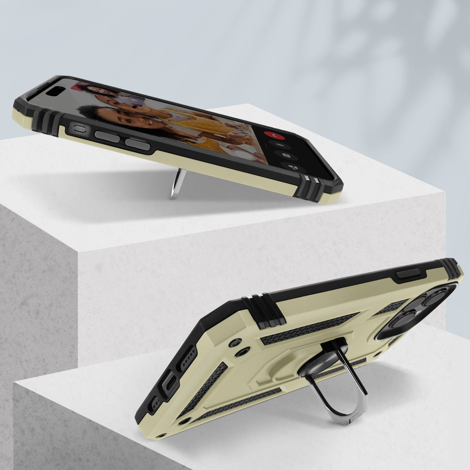 AVIZAR Stoßfeste Handyhülle mit 15 Pro, Ring Backcover, iPhone Apple, Gold Series