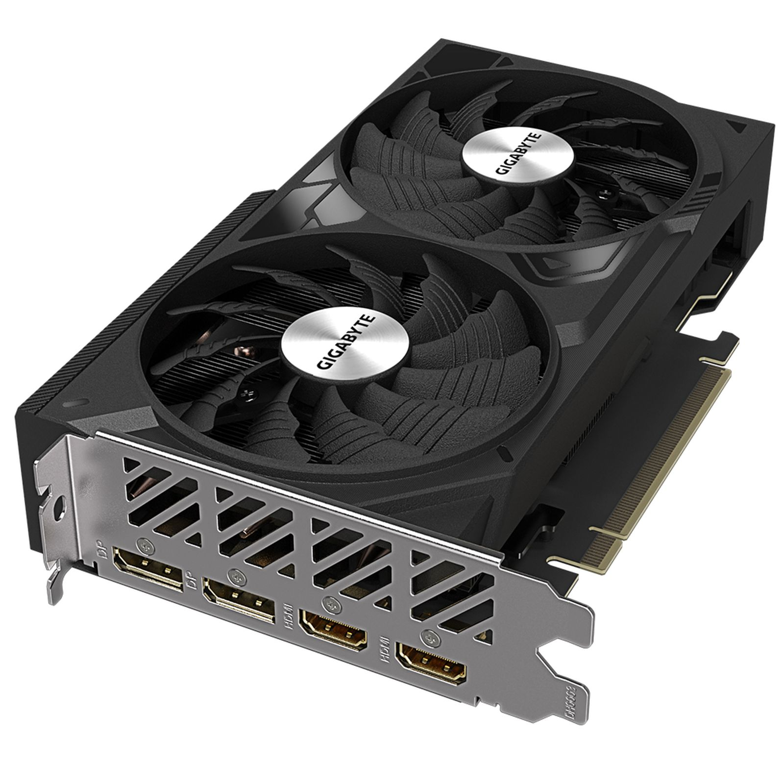 Una scheda grafica Gigabyte nera con due ventole. Loghi Gigabyte argentati visibili.