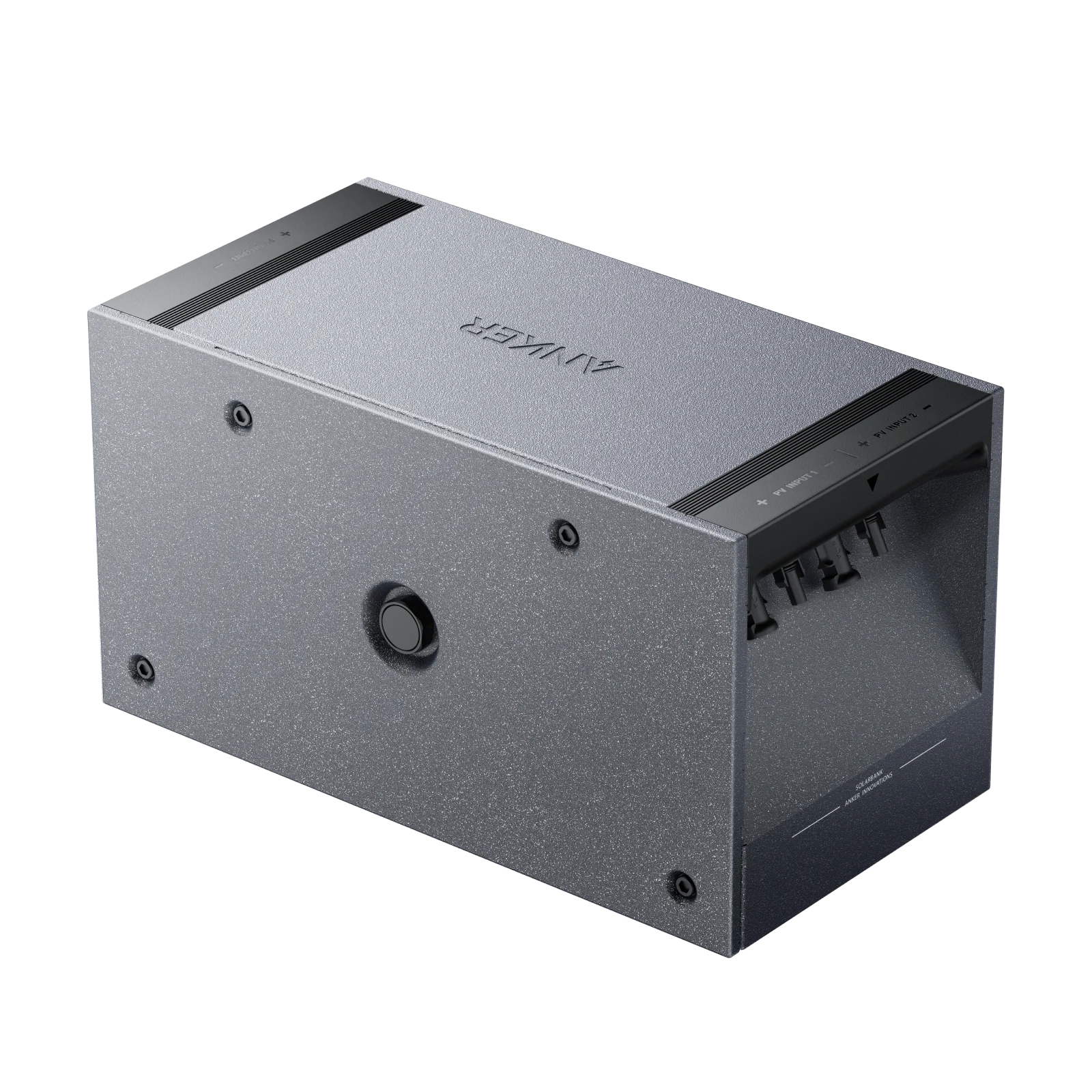 Szary głośnik ANKER. Jest prostokątem, z czarnymi elementami.