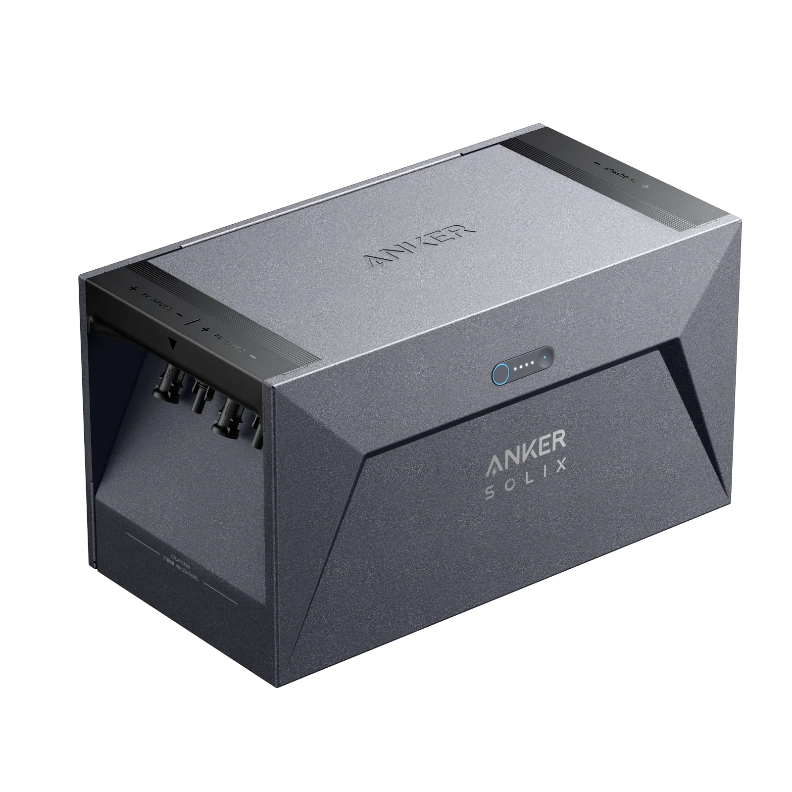 Ciemnoszara stacja zasilania Anker Solix z czarnym tłem. Posiada wiele portów połączeniowych.