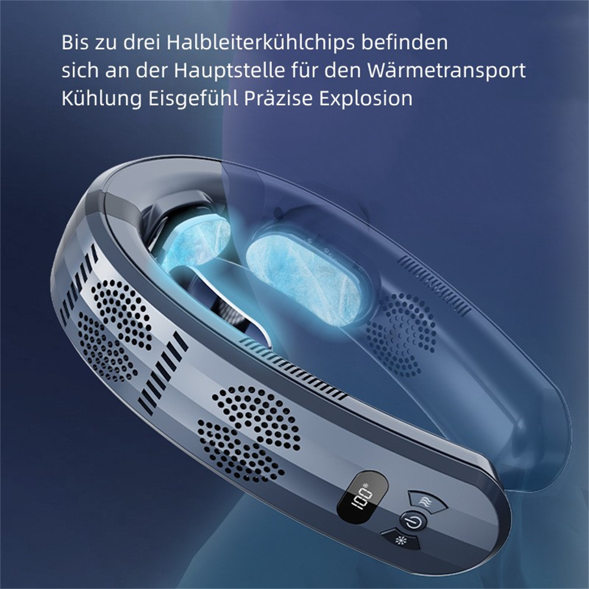 Enfriador de aire para cuello. Dispositivo gris con ventilas y pantalla digital de 100°.
