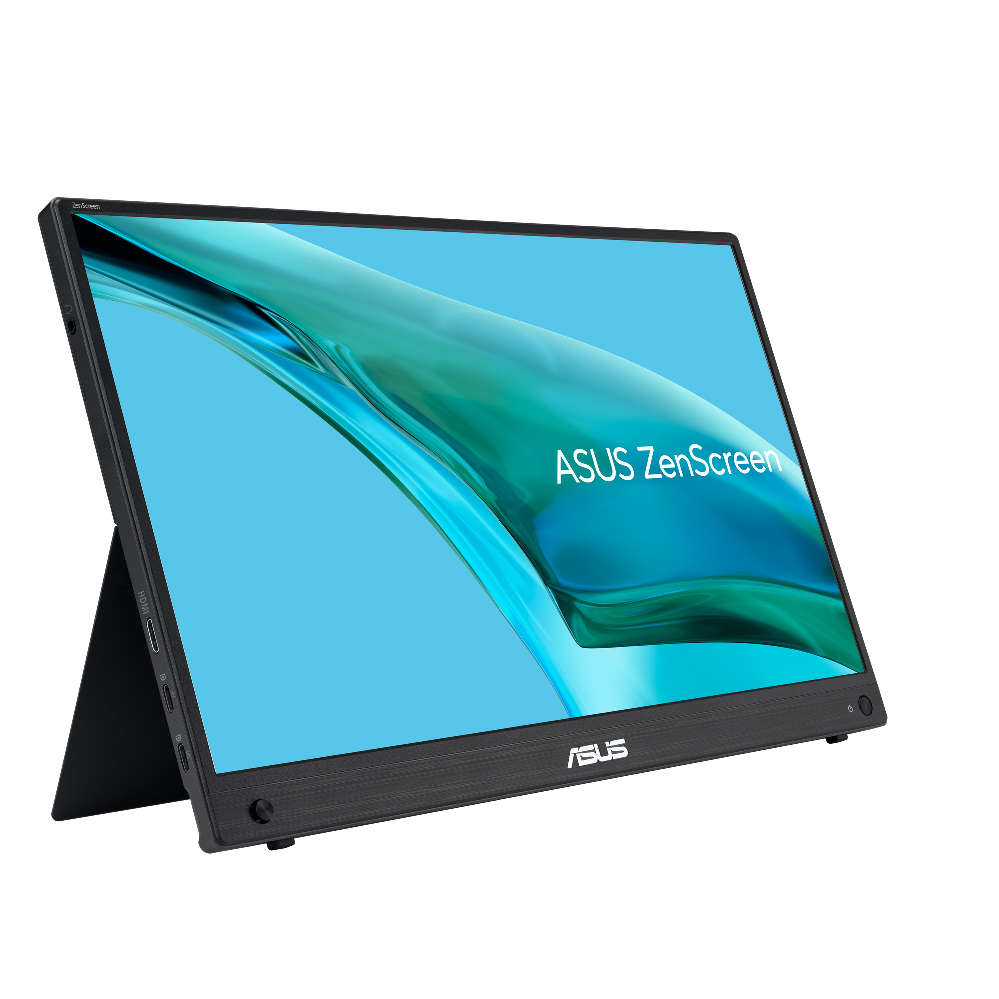 Czarny monitor ASUS ZenScreen, pod kątem, z niebieskim ekranem i logo ASUS.