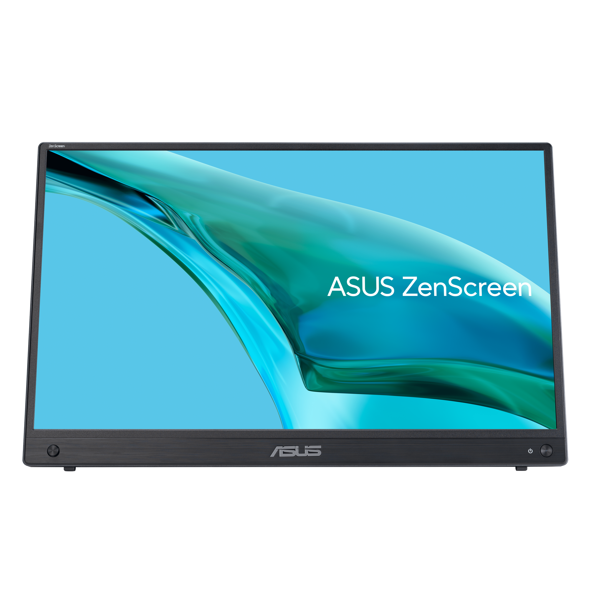 Monitor ASUS ZenScreen, czarna ramka, pod kątem, na czarnym tle.