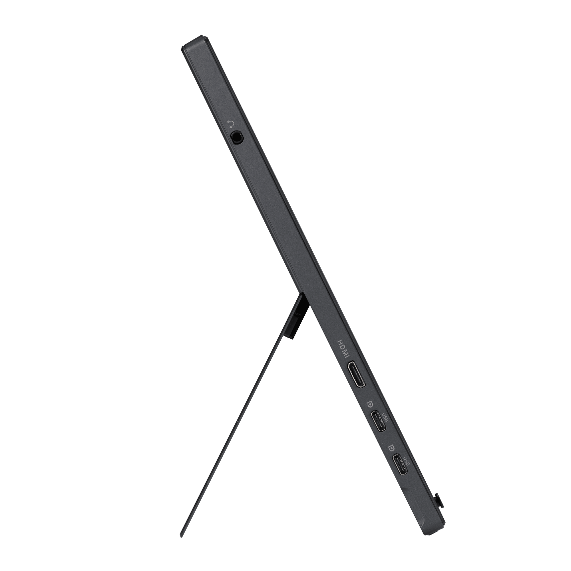 Czarny przenośny monitor ze stojakiem, widok z boku z widocznymi portami, czarne tło.