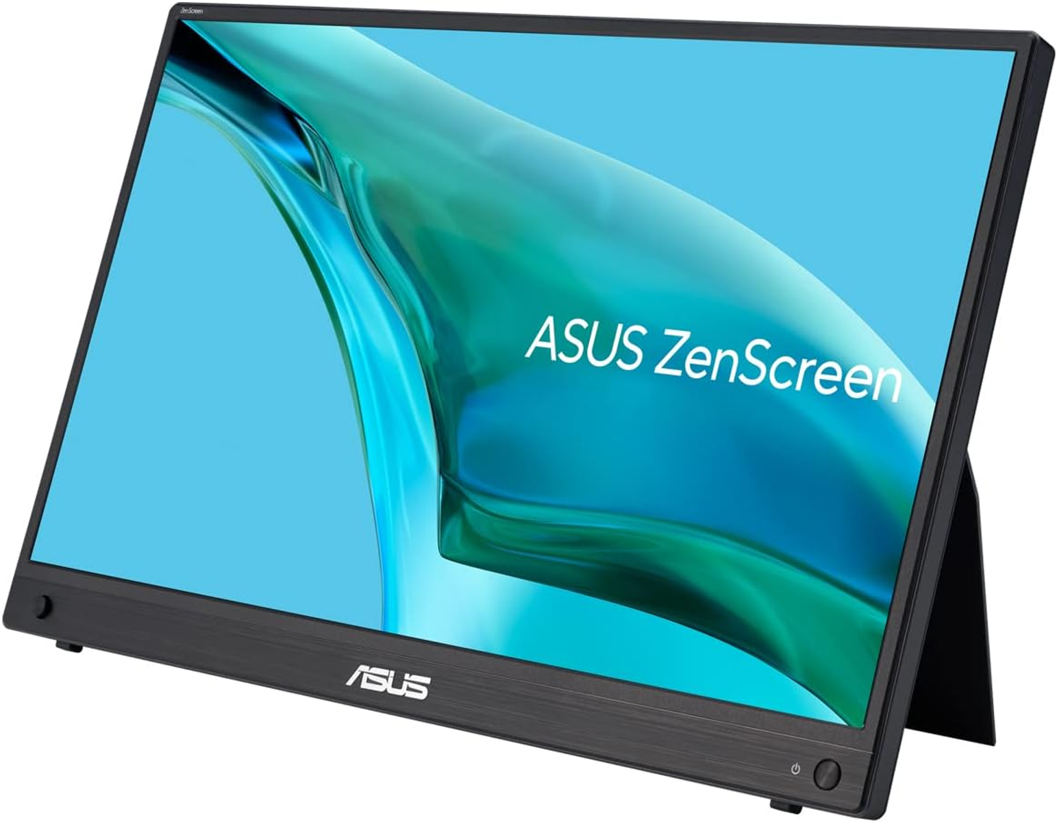Czarny monitor ASUS ZenScreen. Jest na podstawce i ma niebieski ekran z grafiką.