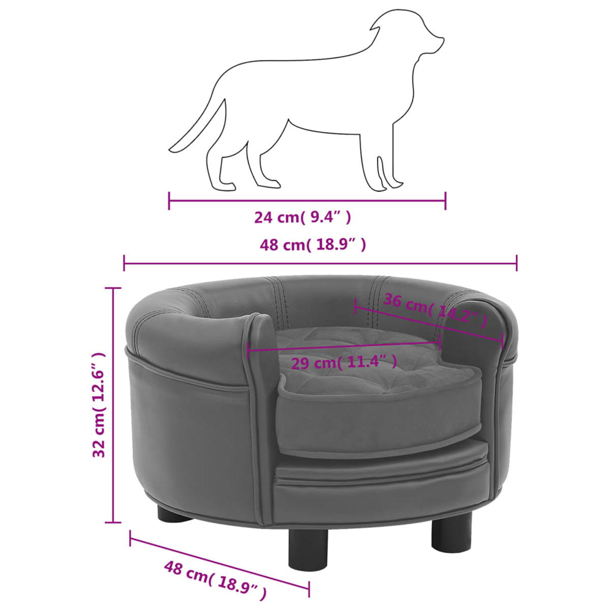 Graues Hundebett mit Maßen, eine Hunde-Umrisszeichnung oben und Abmessungen in cm und Zoll.