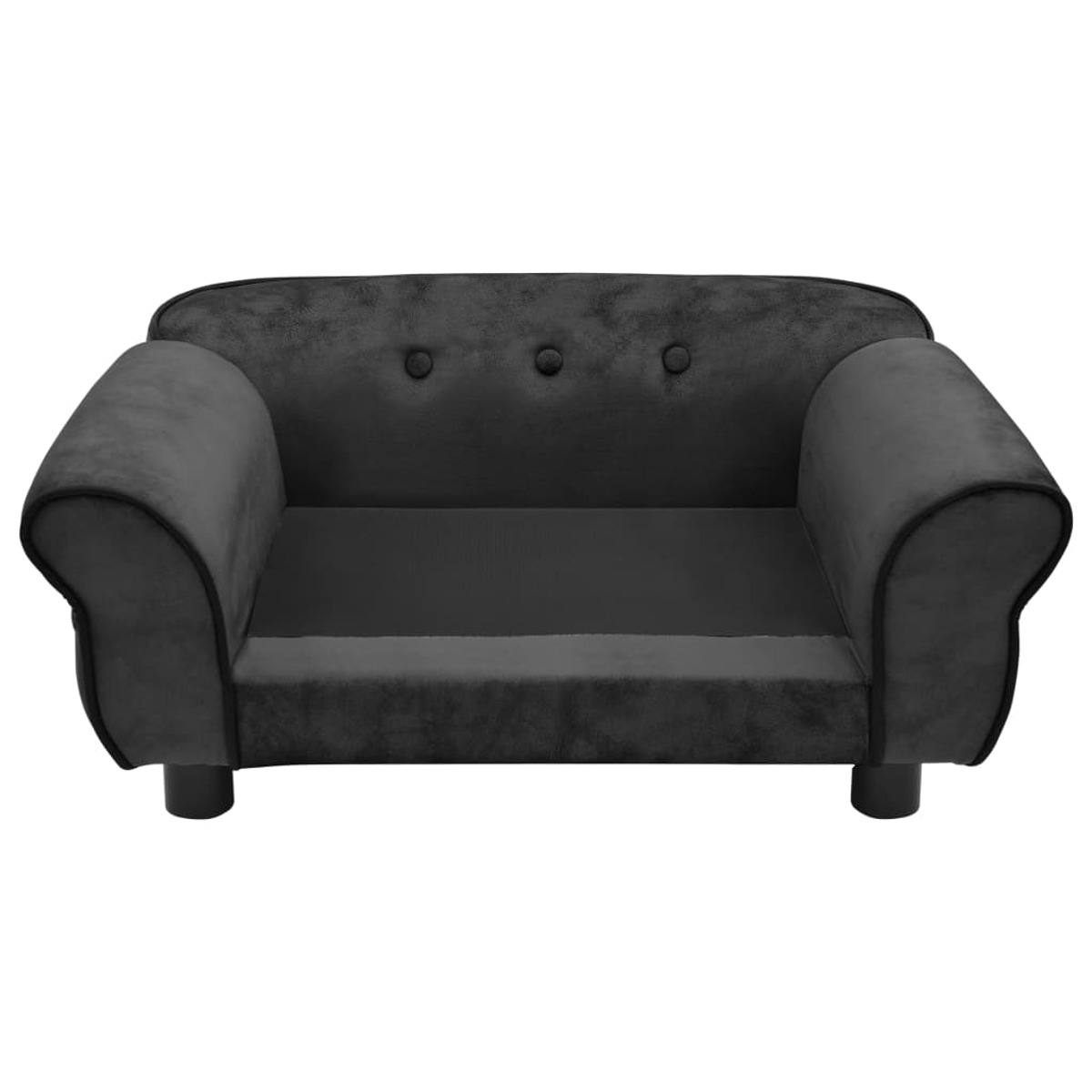 Schwarzes Hundesofa mit abgerundeten Armlehnen und Knöpfen. Schwarze Beine.