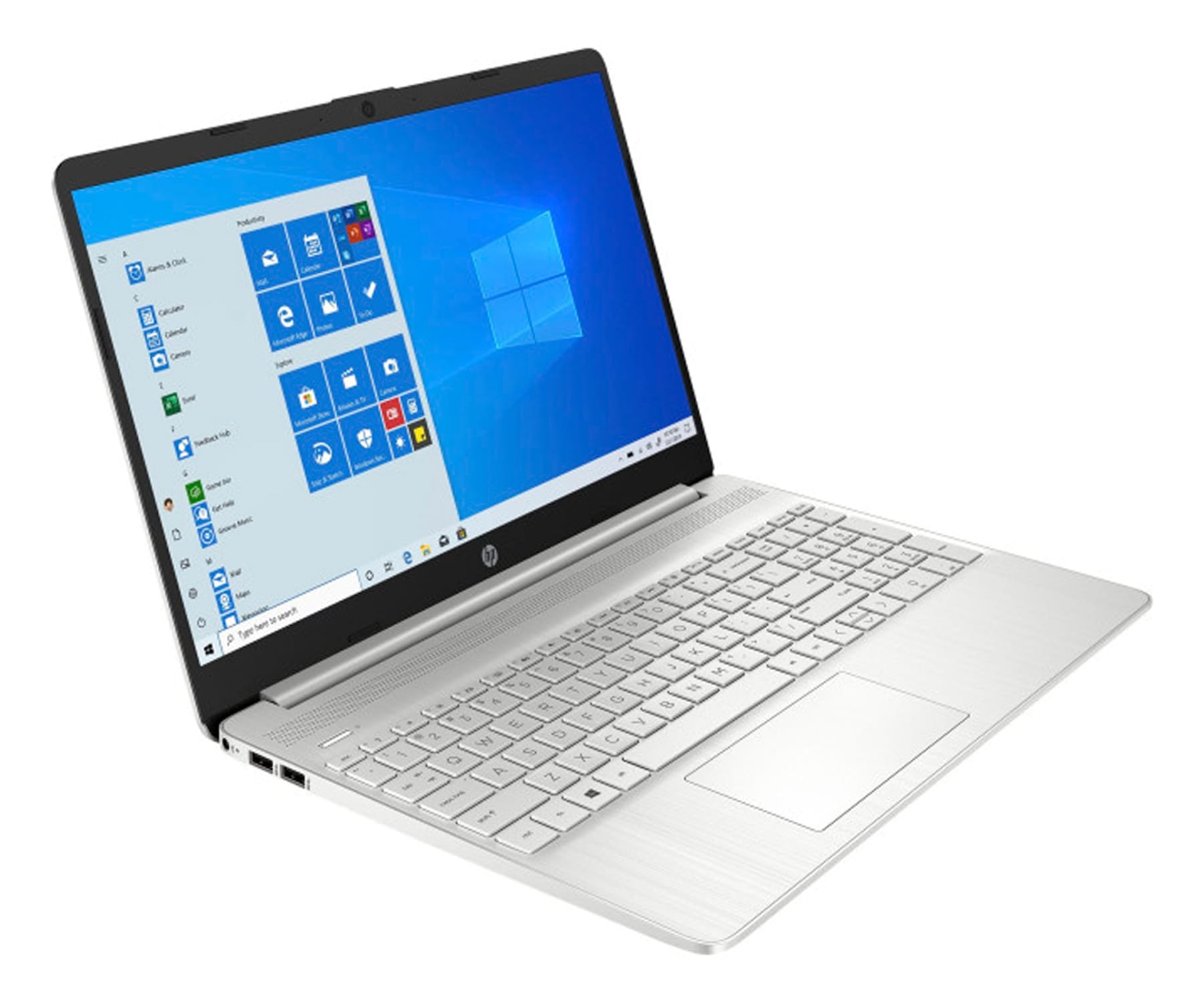 Srebrny laptop otwarty na białym tle, wyświetlający pulpit Windows 10 z ikonami.