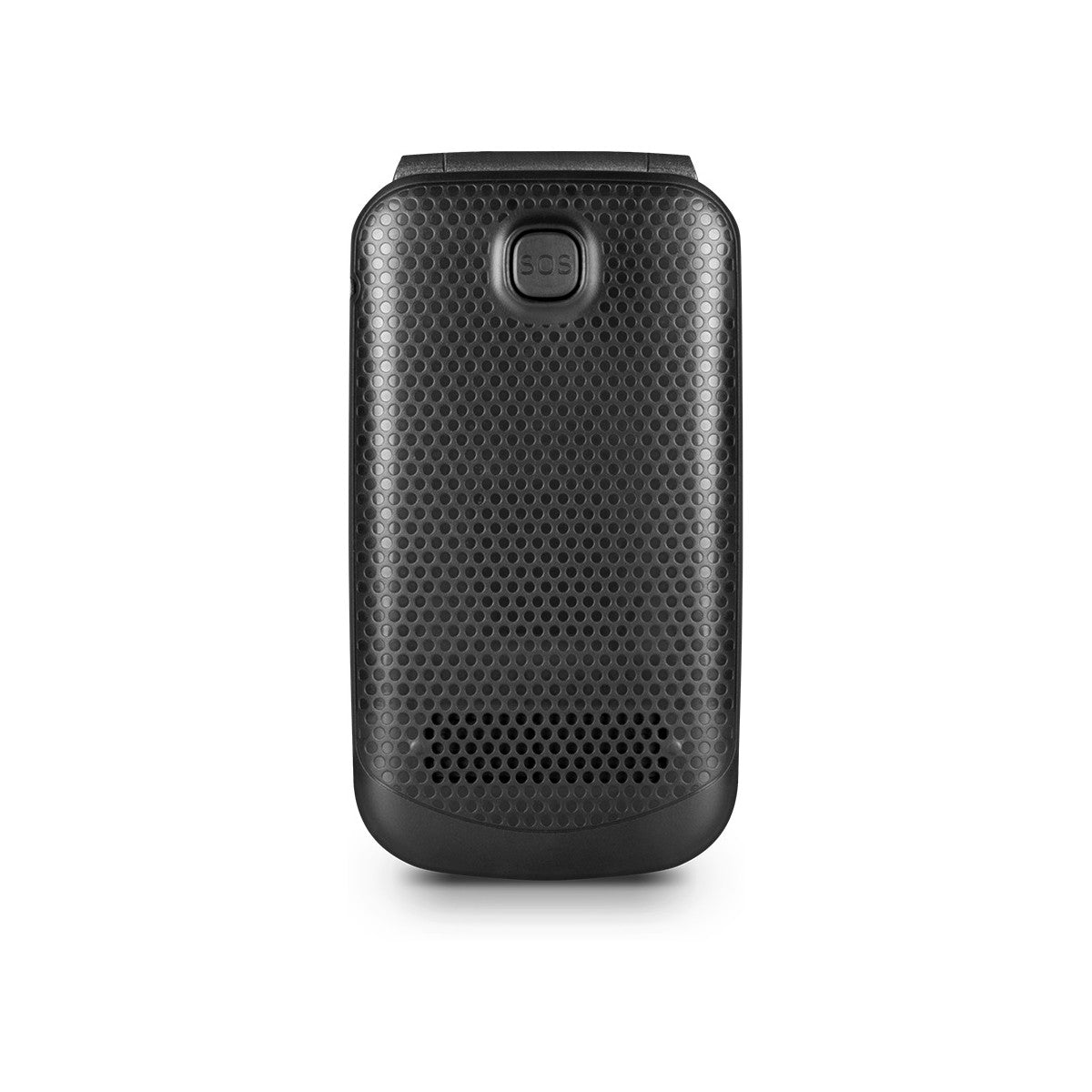 Teléfono plegable negro cerrado con botón SOS. Superficie perforada. Fondo blanco.