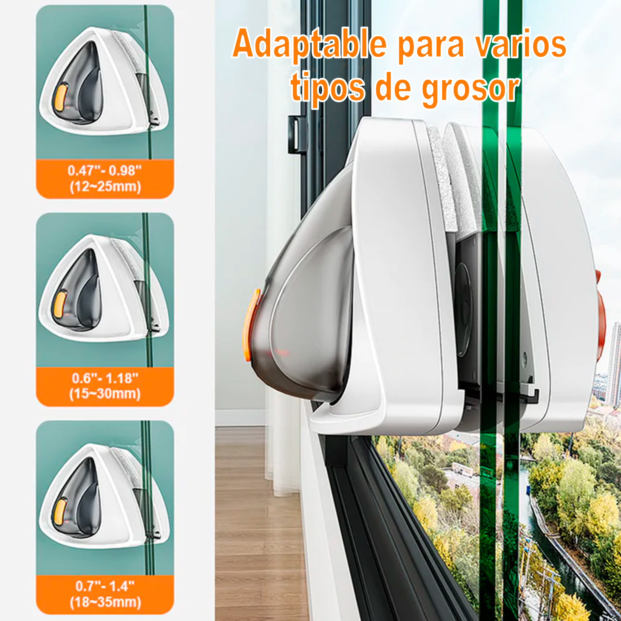 Un limpiacristales con mango y tres tamaños diferentes para diferentes grosores de ventana. El texto dice 'Adaptable'.