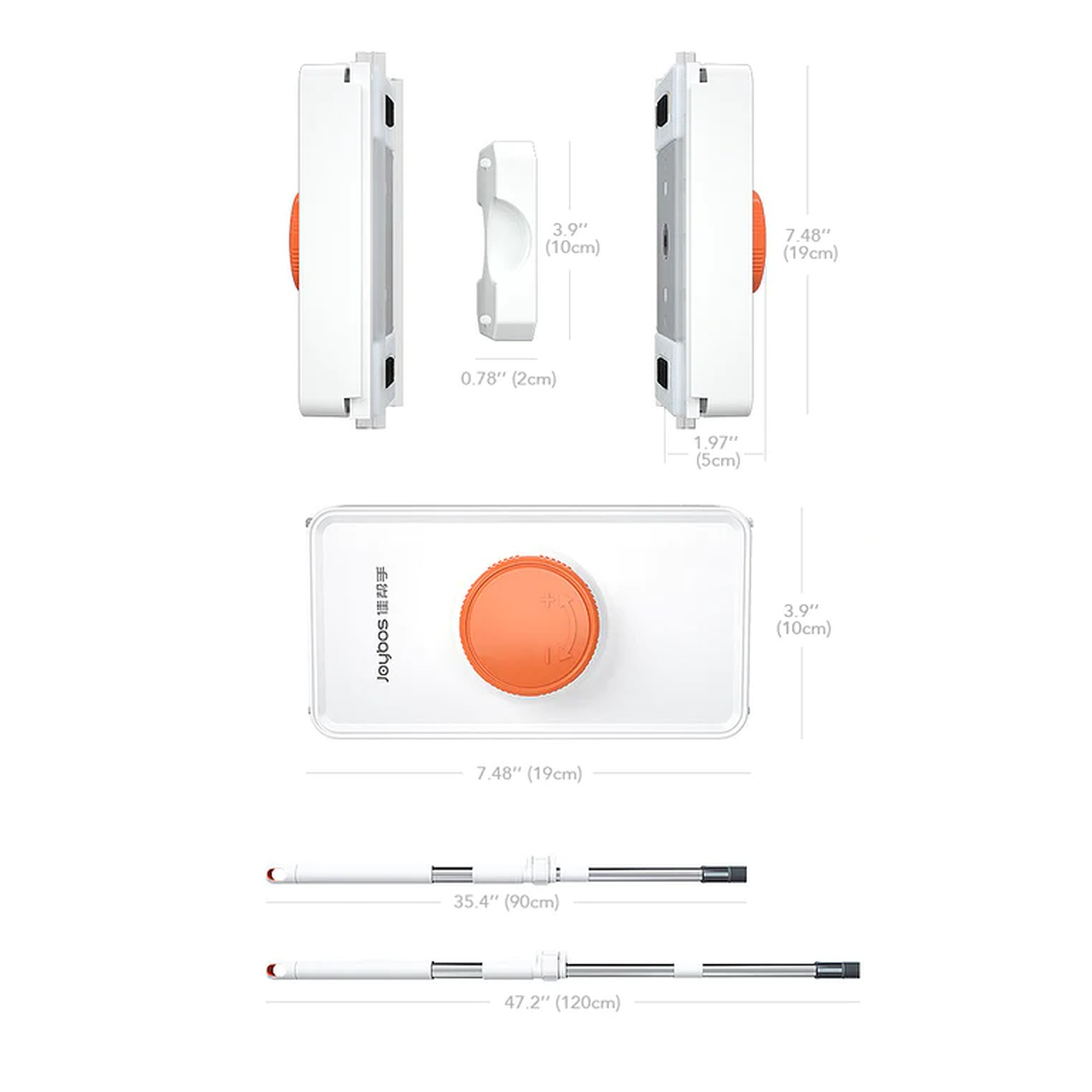 Limpiador de ventanas con dimensiones en pulgadas. Tiene un diseño blanco y naranja.