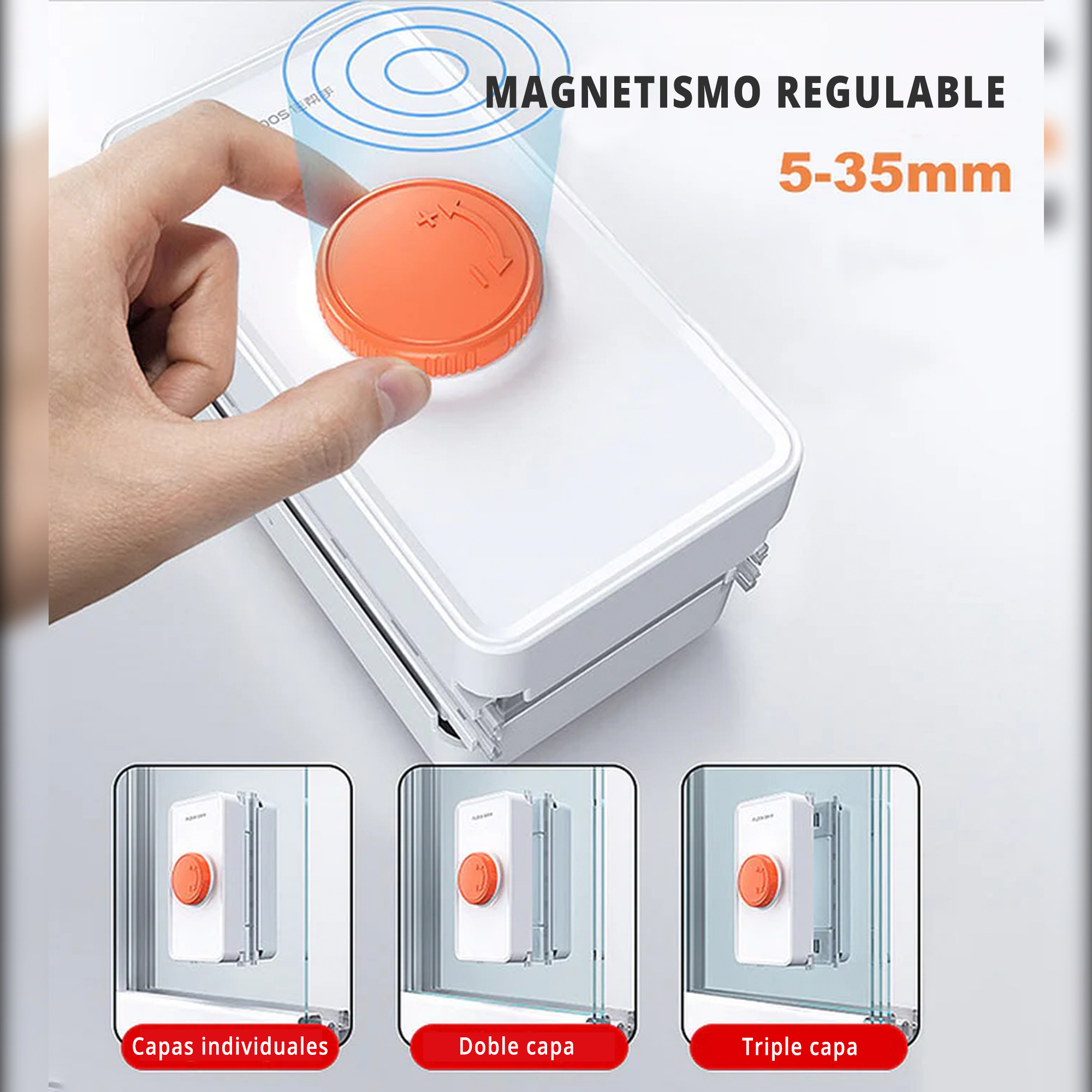 Mano interactuando con un objeto blanco con un dial naranja y tres ejemplos abajo.