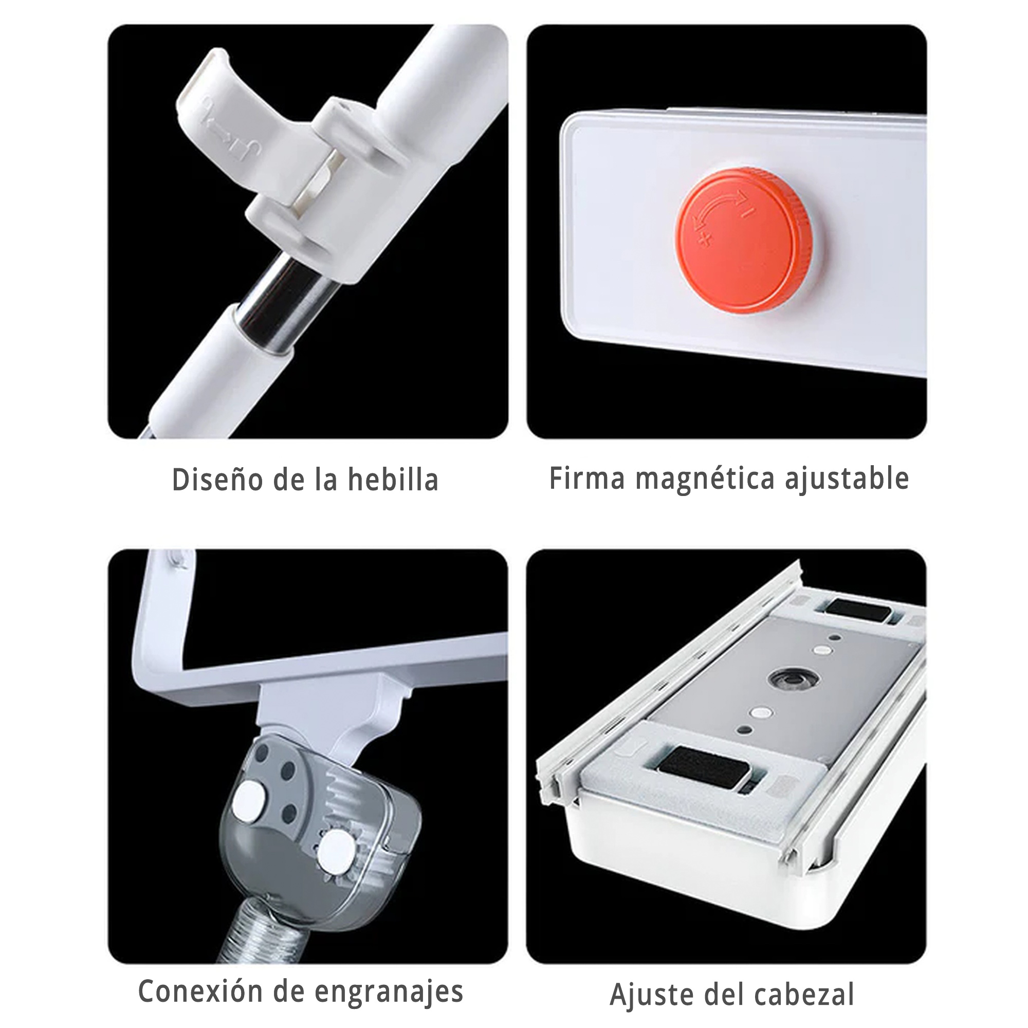 Cuatro fotos detalladas de una herramienta de limpieza blanca y gris, mostrando piezas ajustables.
