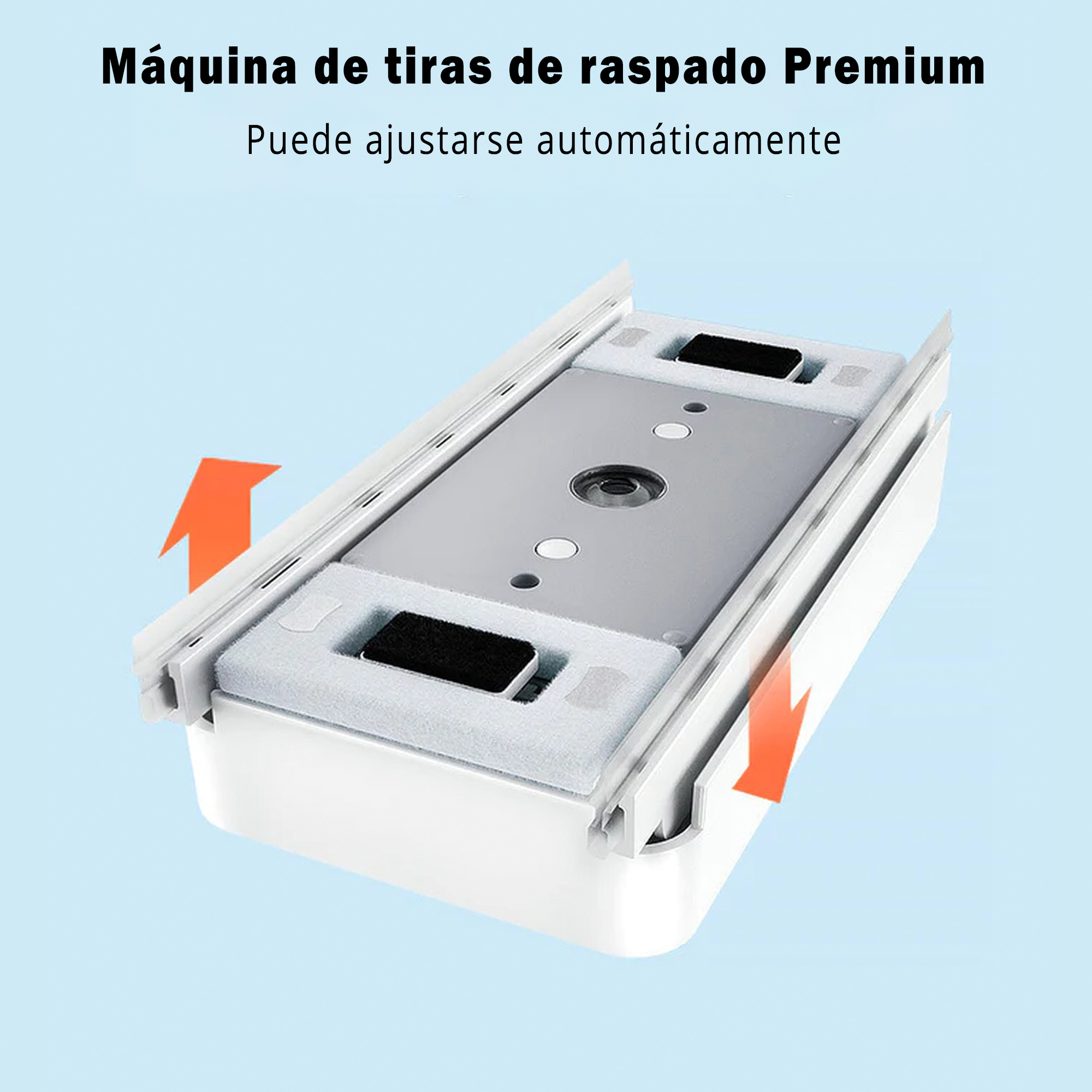 Una máquina deslizante de cajón premium blanca y gris. Flechas naranjas apuntan a los lados del cajón.