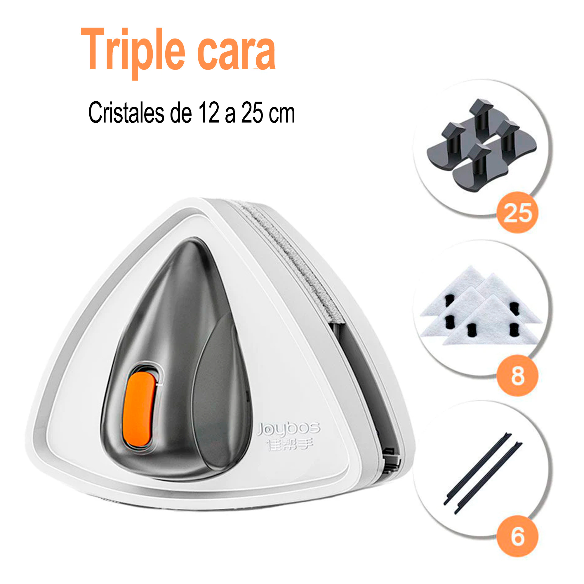 Limpiador de ventanas triangular blanco con accesorios. Incluye almohadillas, soportes y repuestos.