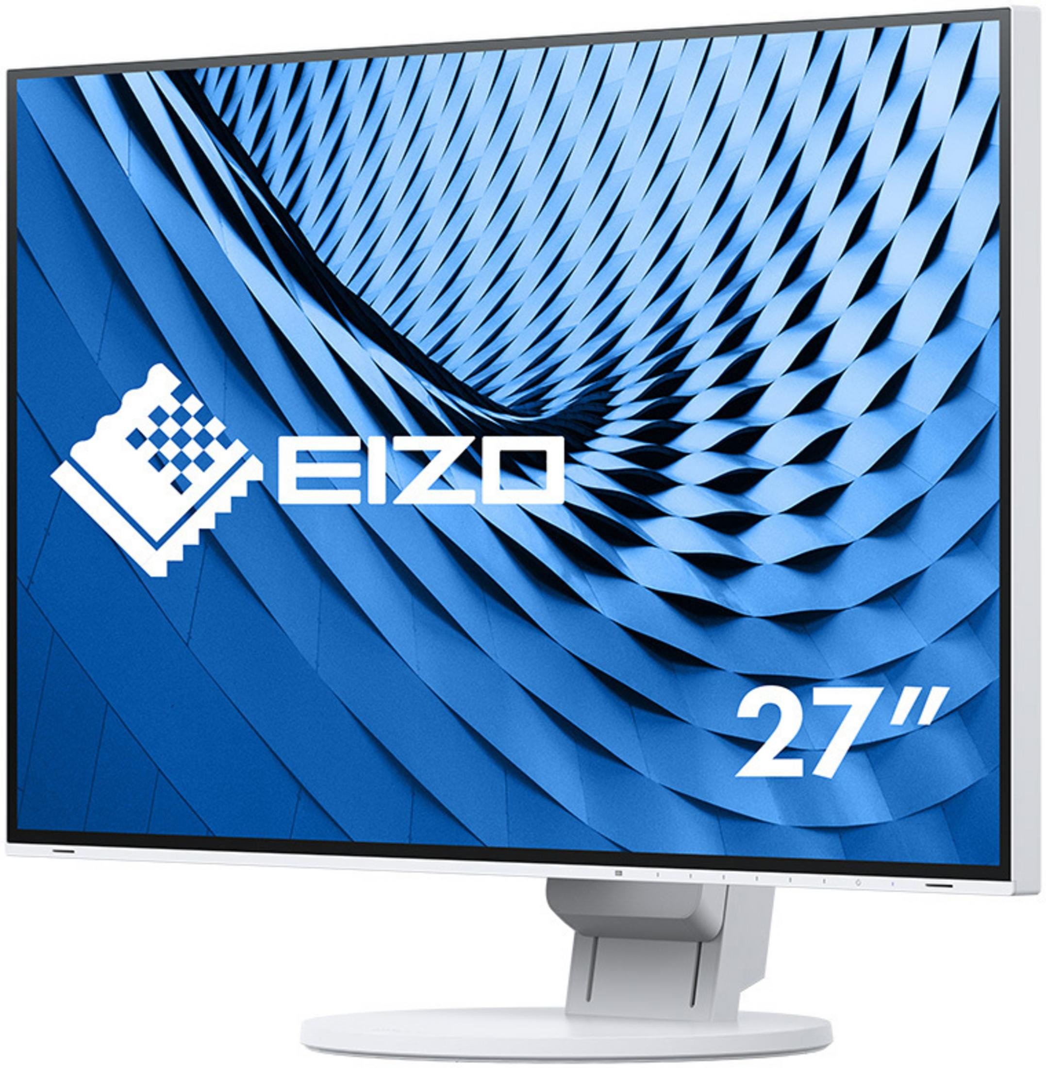 Un monitor per computer bianco e grigio con uno sfondo blu astratto sullo schermo.