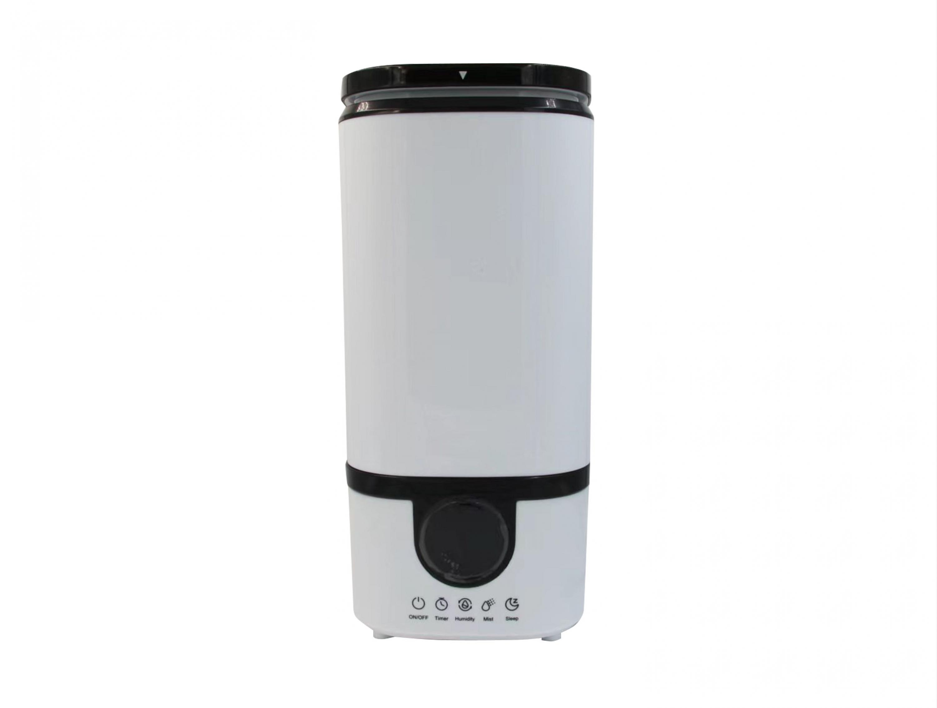 Humidificador cilíndrico blanco. Tiene una parte superior negra y una base negra con botones.