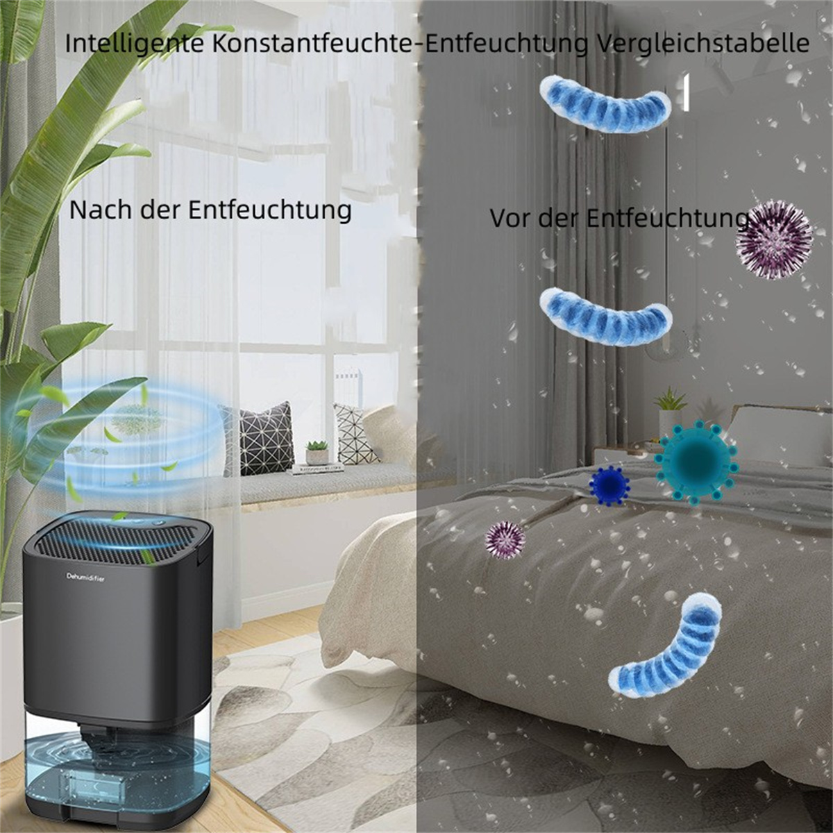 Deshumidificador con dos escenas: antes y después de la deshumidificación, mostrando bacterias.