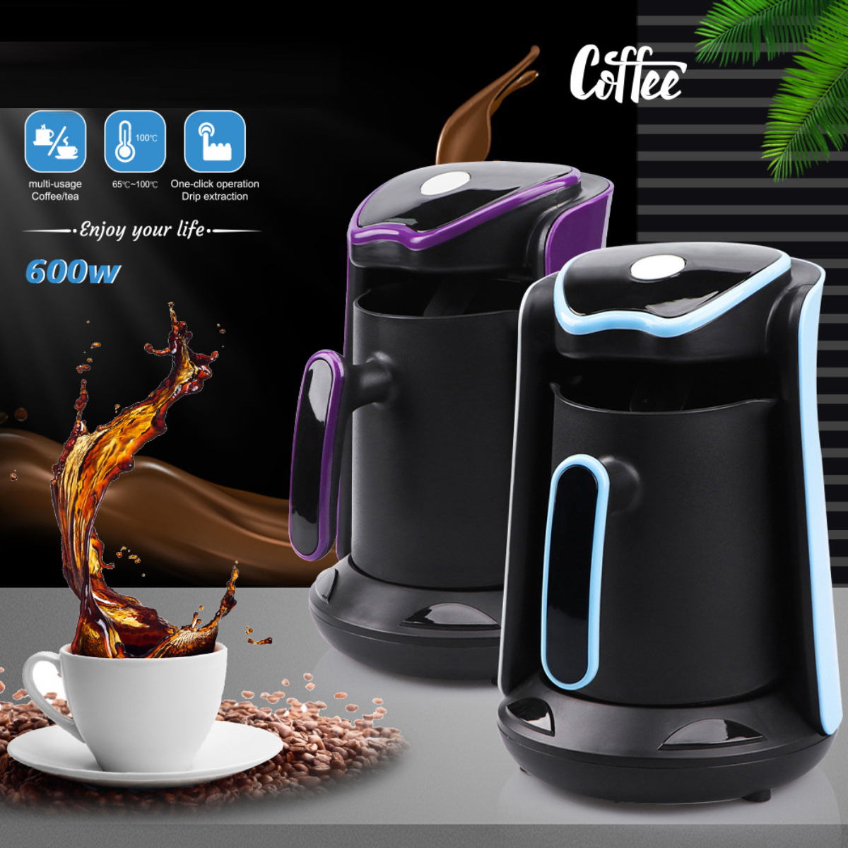Dos máquinas de café con texto y salpicaduras de café.