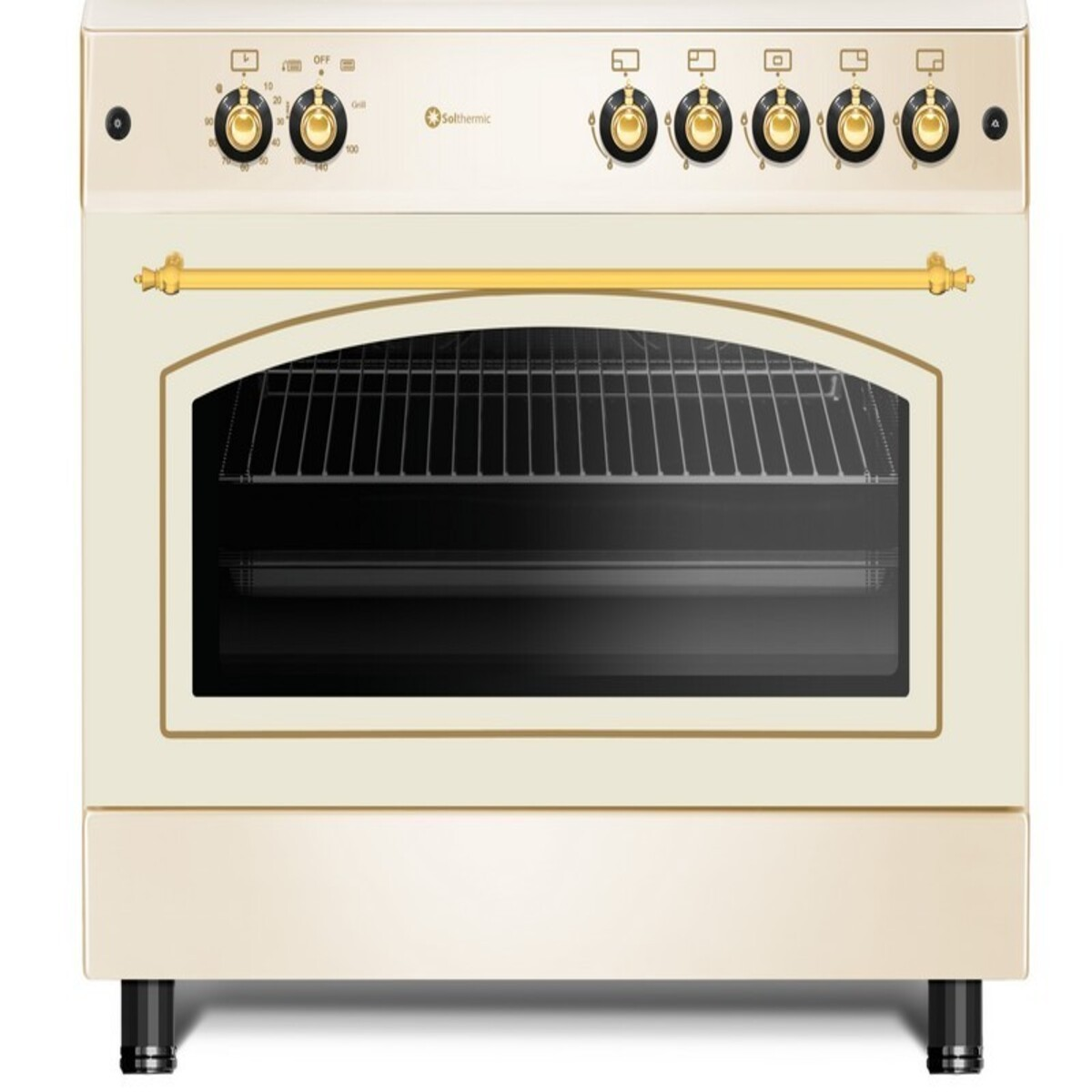 Un horno de estilo vintage blanco roto con puerta de cristal y detalles dorados. Con mandos y asas.