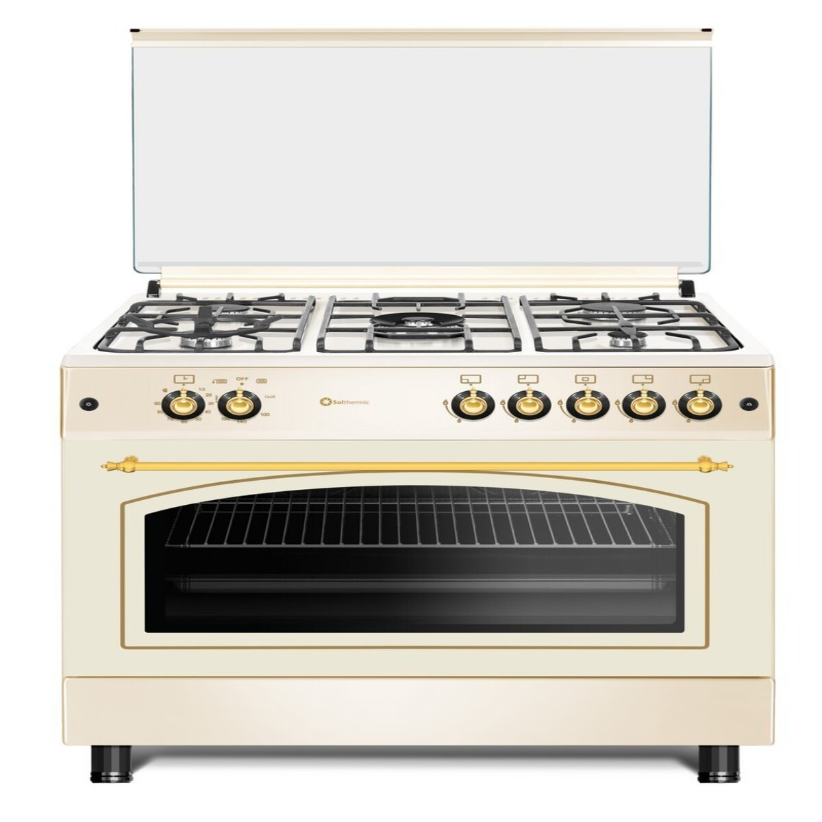 Un horno color crema con tapa de cristal. Tiene seis quemadores, perillas y una puerta de horno debajo.
