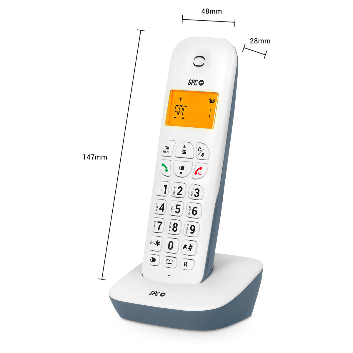 Un teléfono inalámbrico SPC blanco y una base de carga, con dimensiones. El teléfono tiene una pantalla.