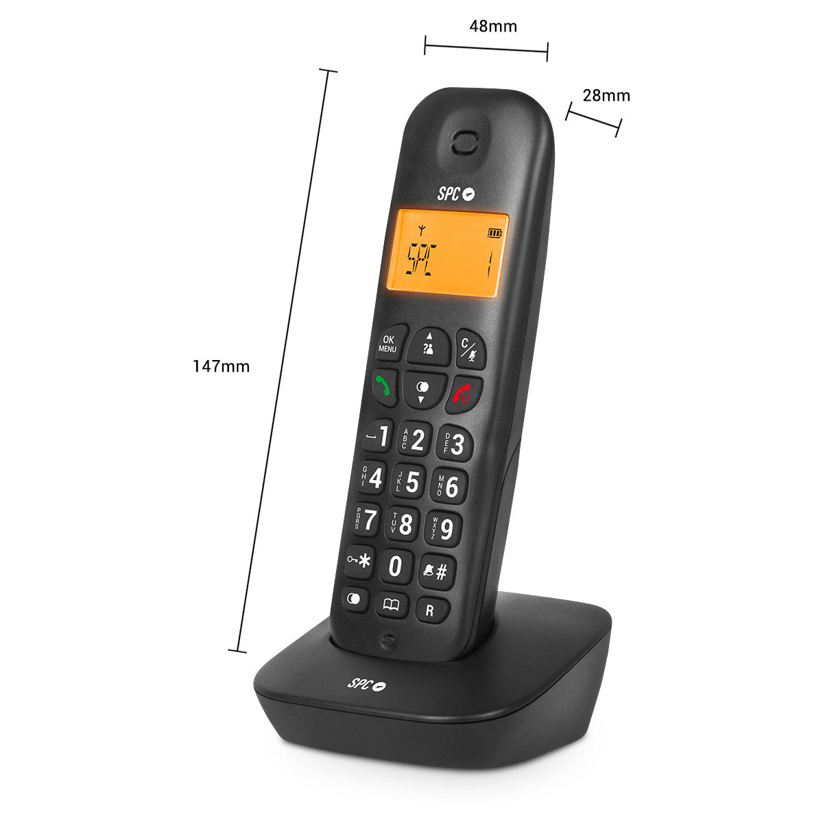 Teléfono inalámbrico negro sobre base. Dimensiones: 147mm altura, 48mm ancho y 28mm grosor. Pantalla muestra números.
