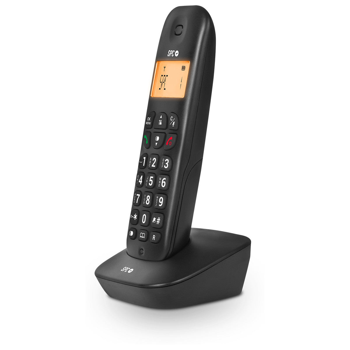 Teléfono negro con pantalla pequeña y base de carga.
