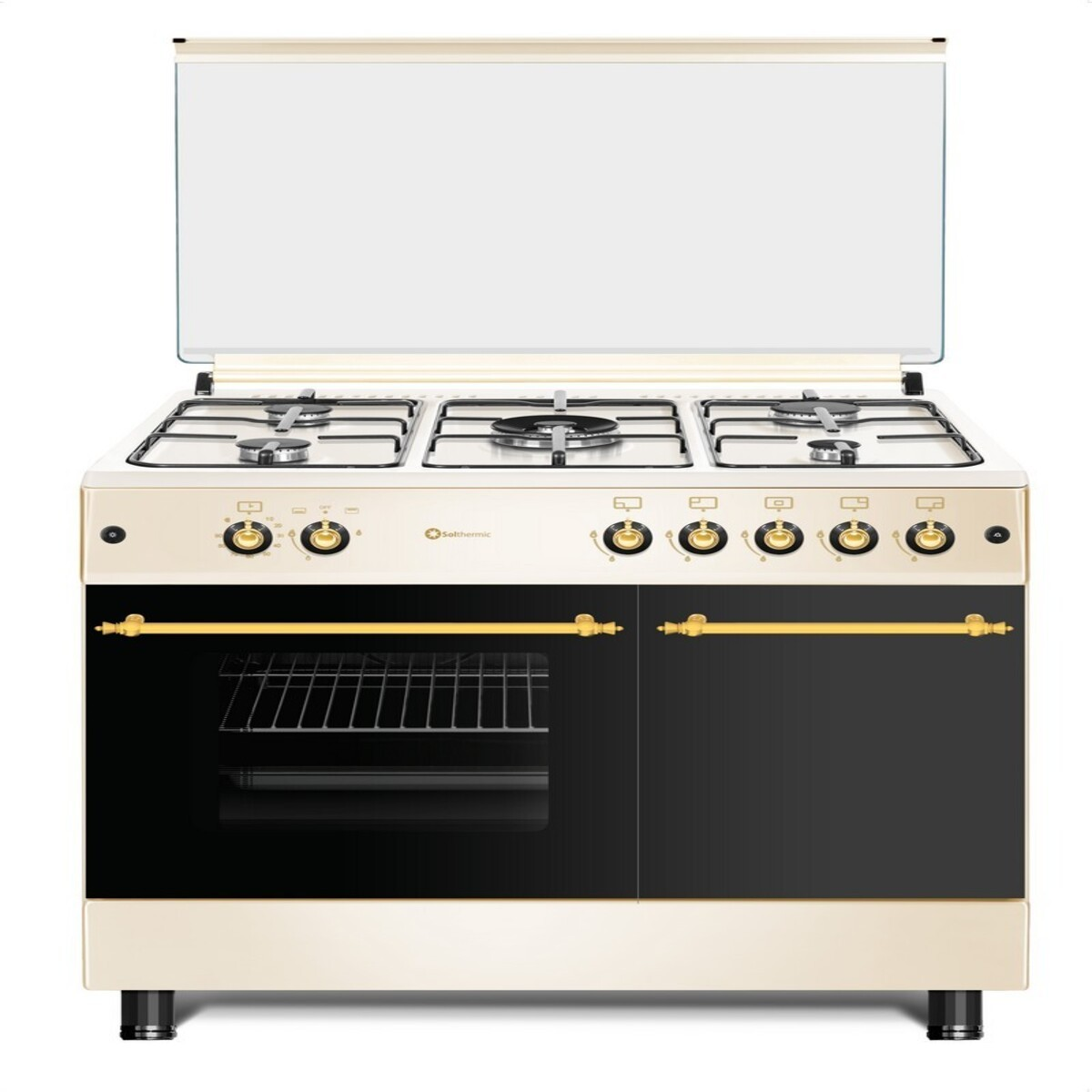 Un horno color crema con puertas negras, una tapa de vidrio y detalles dorados.