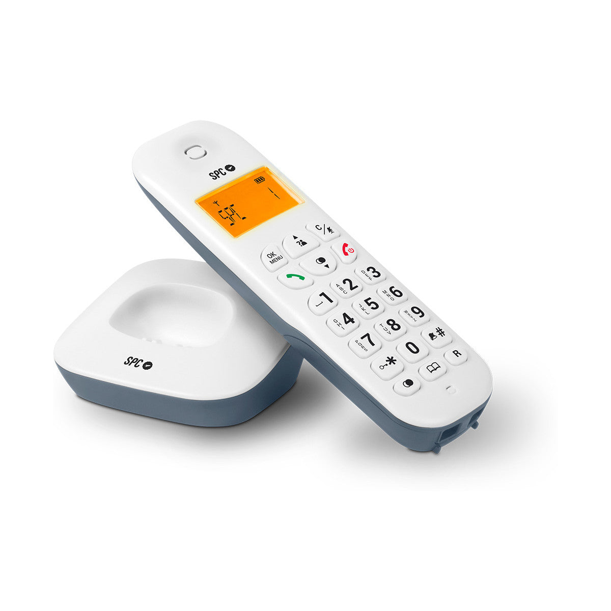 Teléfono inalámbrico blanco con base, mostrando números y pantalla en el teléfono.