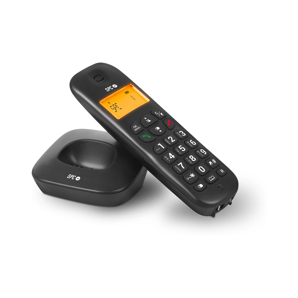 Un teléfono inalámbrico negro con una base, mostrando la pantalla y los botones.