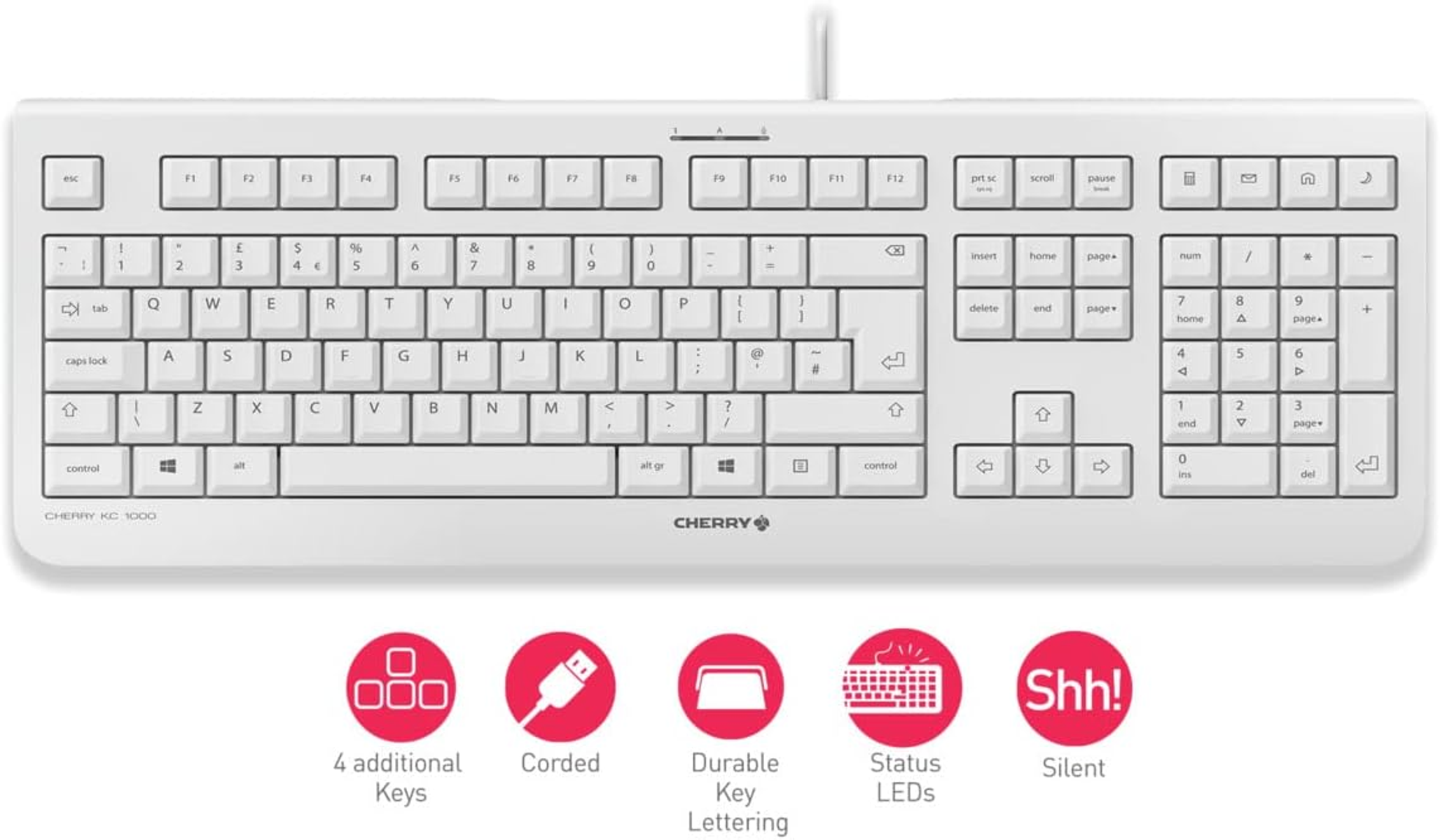 Weiße Cherry KC 1000 Tastatur mit Tasten, Symbolen und einer Reihe spezieller Funktionstasten. Auf weißem Hintergrund.