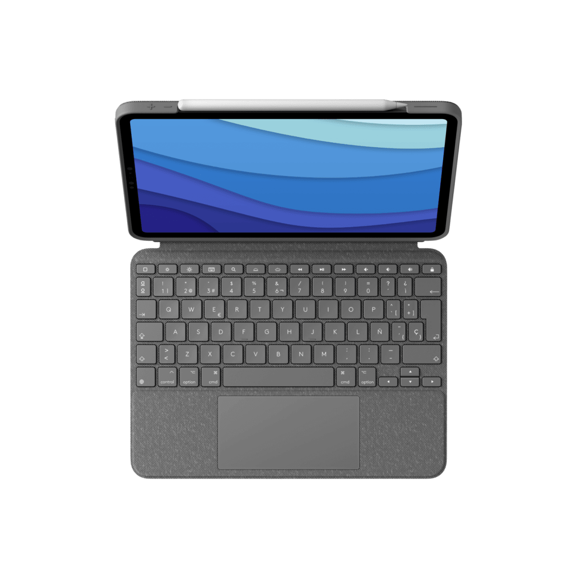Tableta con funda de teclado. La tableta muestra un fondo azul abstracto. Teclado con panel táctil.