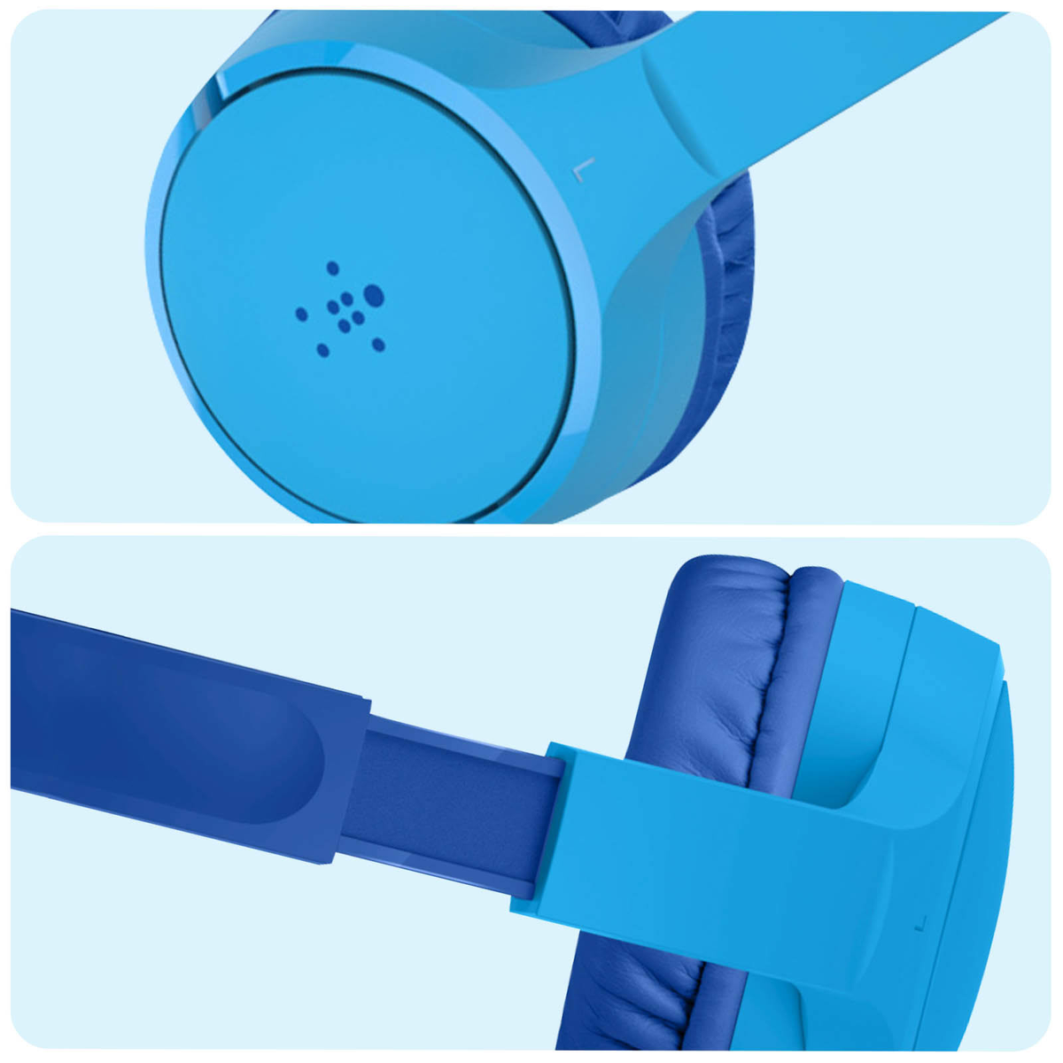Close-up van blauwe koptelefoon, met oorschelpen en hoofdband.