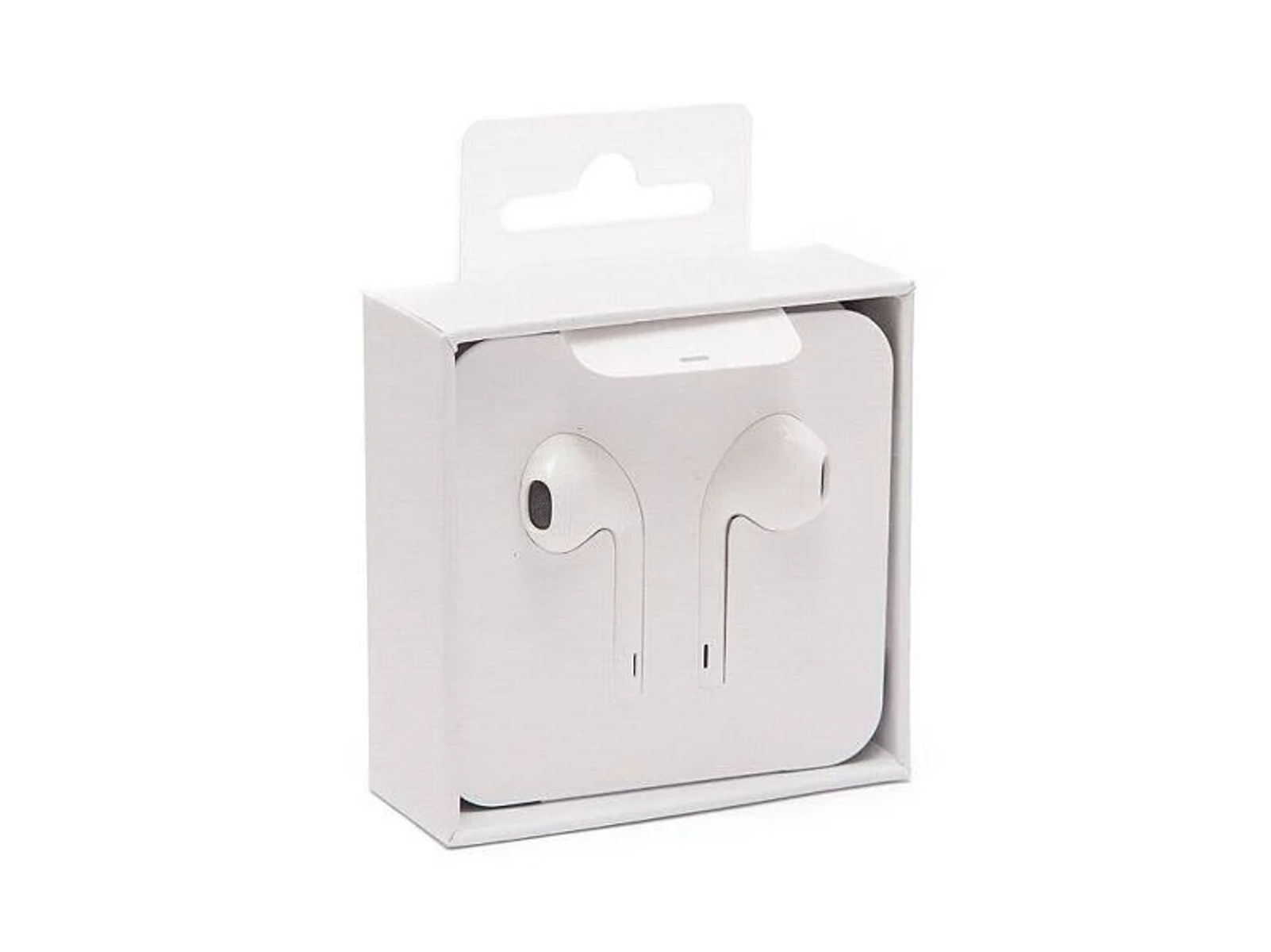Białe pudełko zawierające białe słuchawki. Słuchawki są w zapieczętowanym opakowaniu, widoczne przez pudełko.