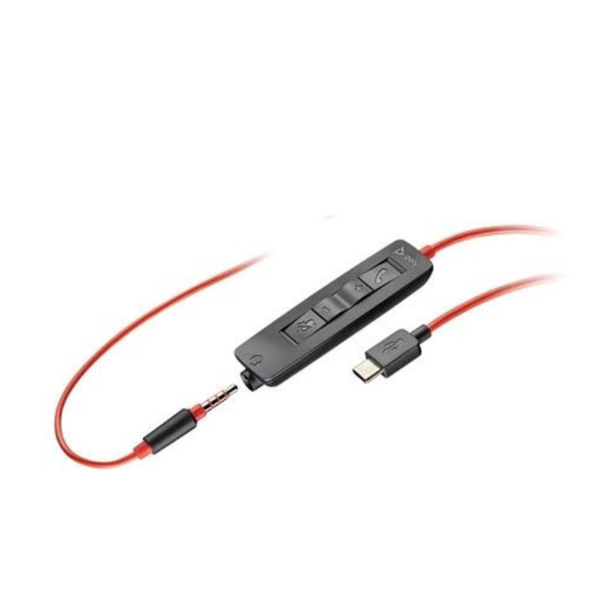 Czarna jednostka sterująca z czerwonym kablem i dwoma złączami. Jedno to jack, drugie USB-C.