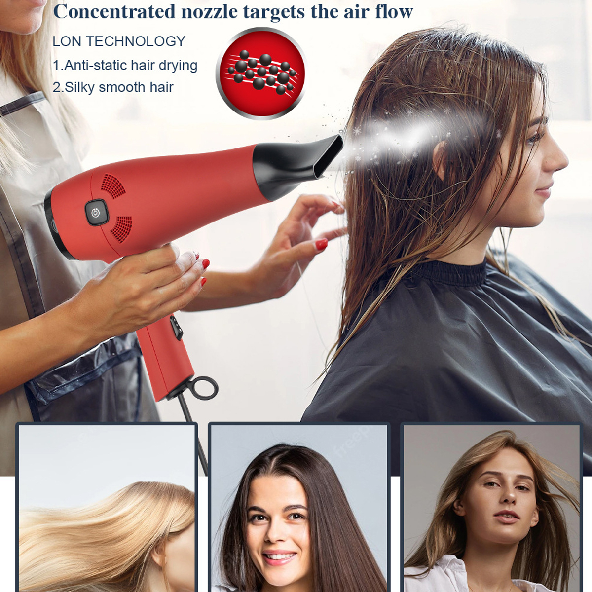 BYTELIKE Haartrockner Doppelter Negativ-Ionen-Haarpflege-Hochleistungs-Haartrockner Watt) Haartrockner werden rot verkabelt (2000 kann neu