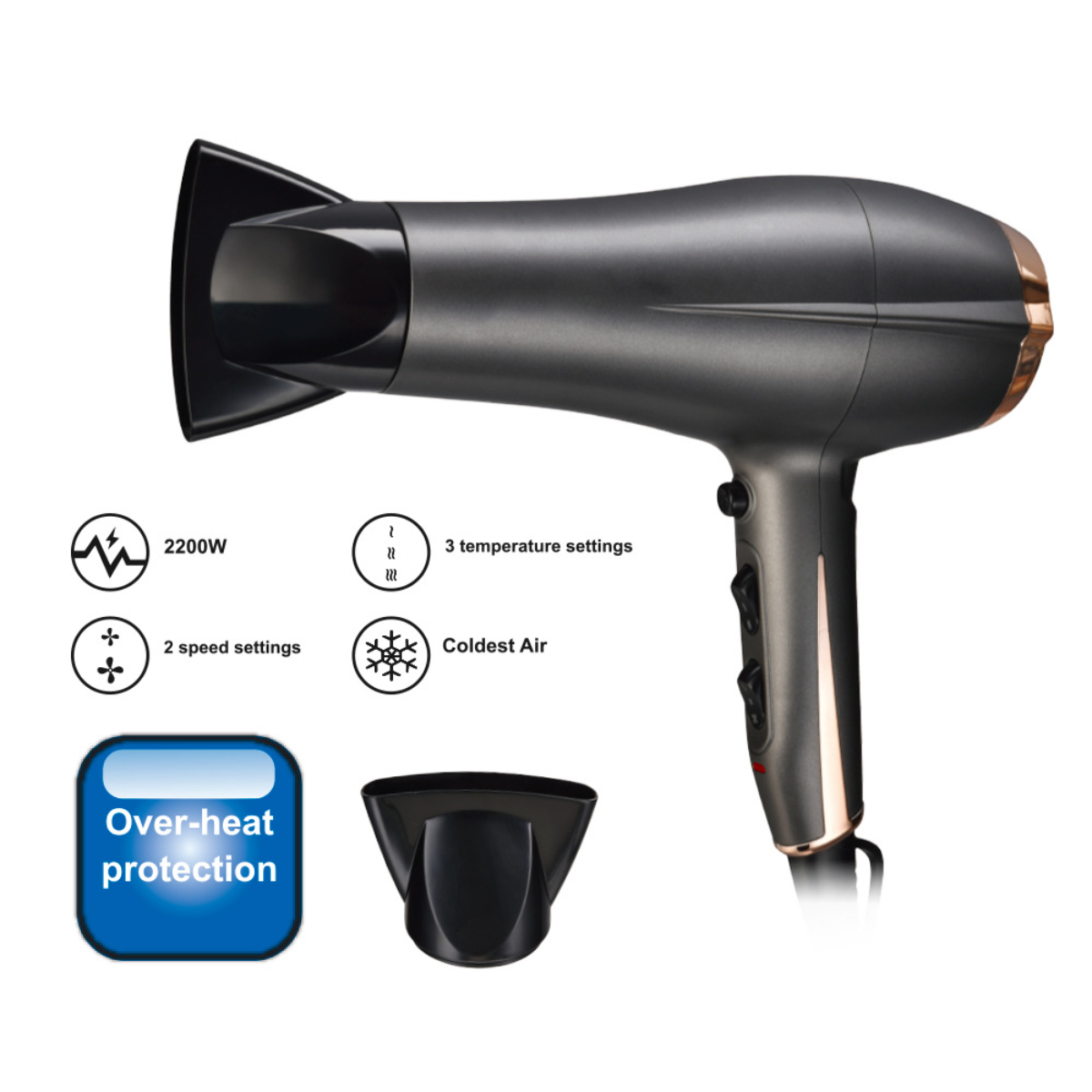 Ein schwarzer Haartrockner mit goldenen Akzenten und einer schwarzen Düse. Enthält Einstellungssymbole auf weißem Hintergrund.