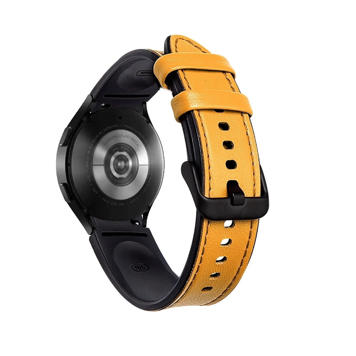 Smartwatch mit gelbem Lederarmband, schwarzer Rahmen, Rückansicht mit Sensoren.