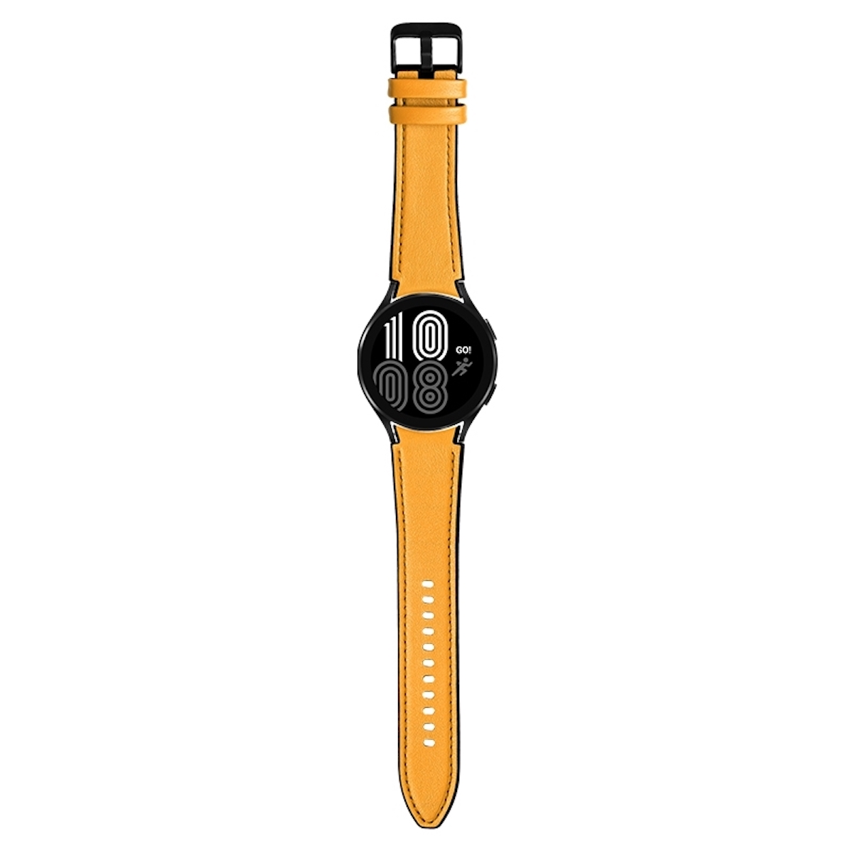 Eine gelbe Smartwatch mit schwarzem Bildschirm und Armband. Die Uhr zeigt 10:08 Uhr an.