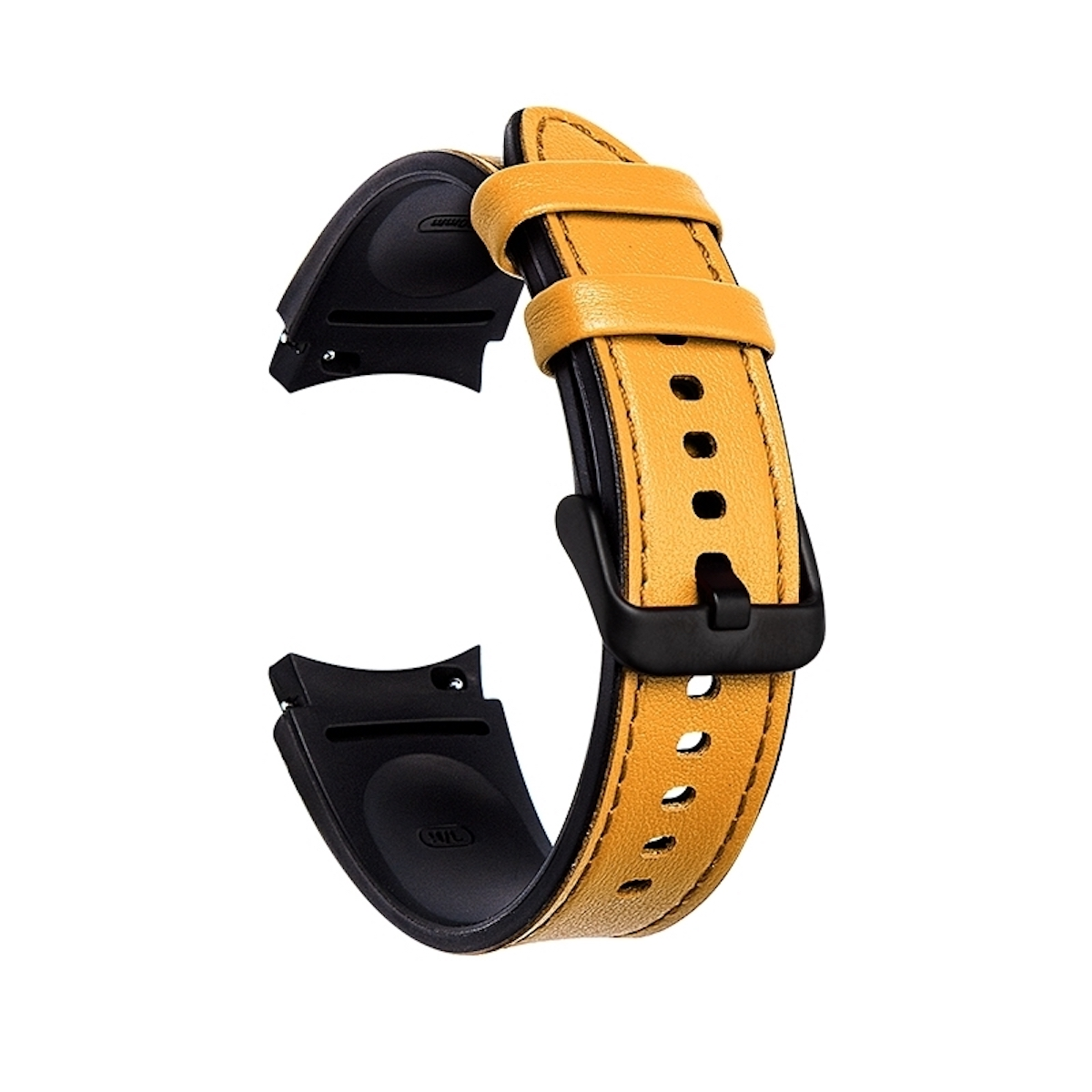 Gelbes Leder-Armband mit schwarzer Hardware. Es hat einen Schnallenverschluss und zwei Verbinder.