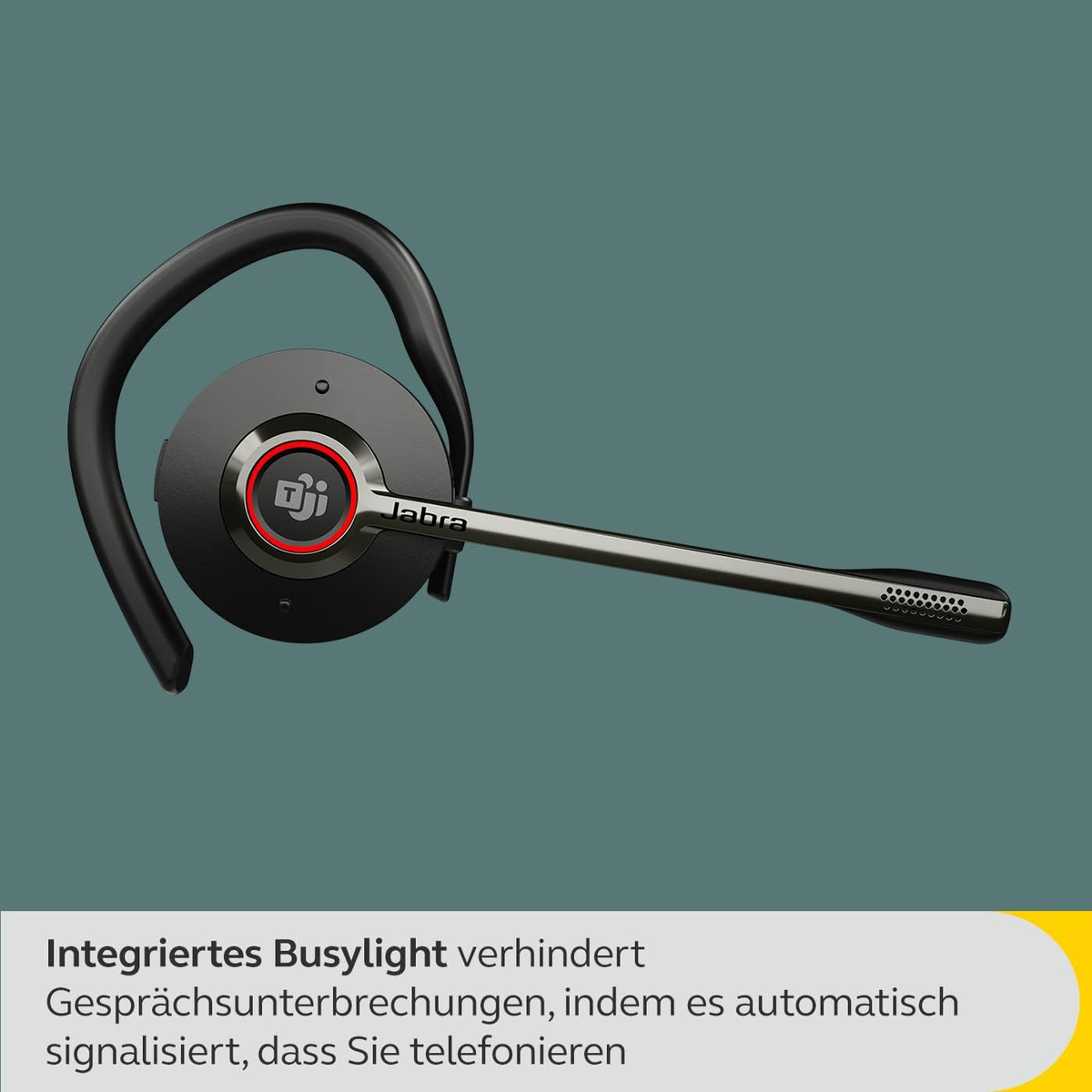 Czarny zestaw słuchawkowy Jabra z mikrofonem na żółto-brązowym tle.