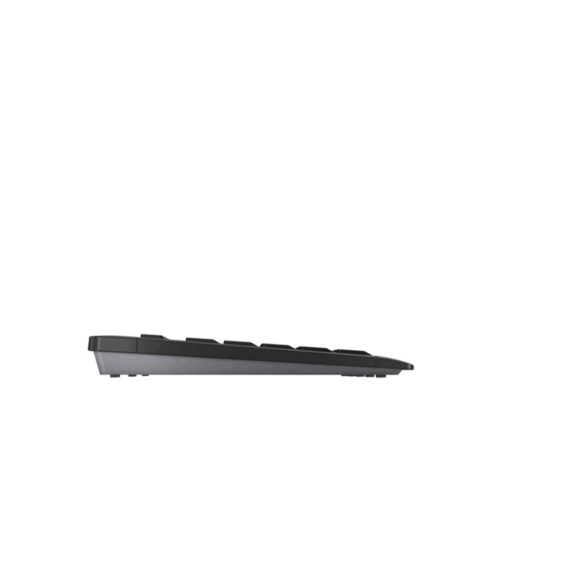 Widok z boku czarnej klawiatury. Klawiatura znajduje się na białym tle.