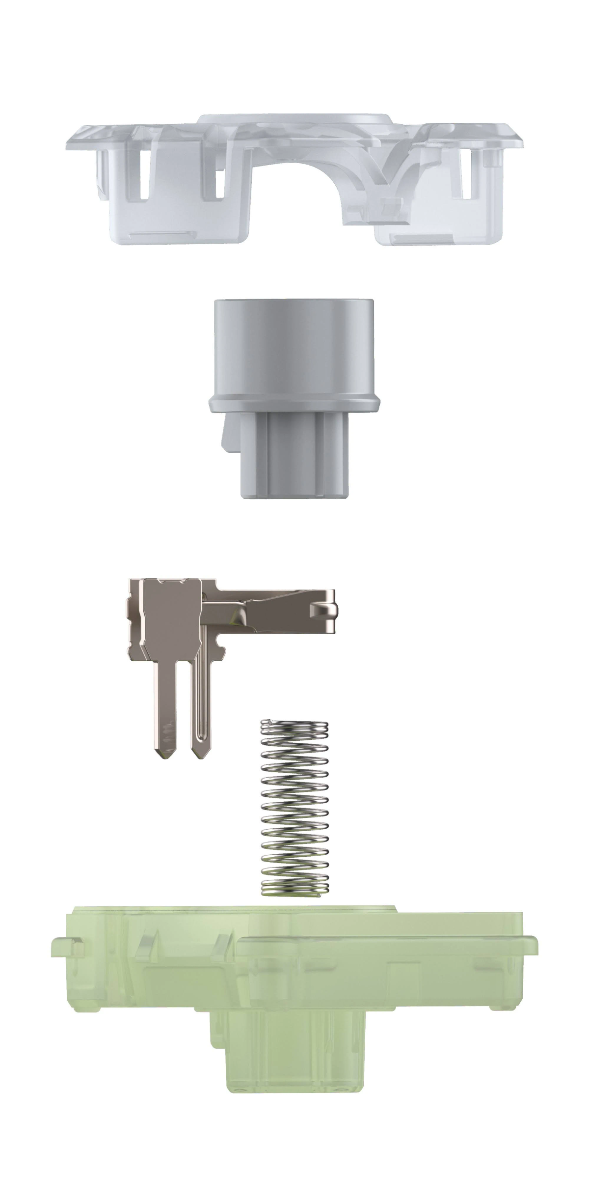 Widok rozstrzelony przełącznika klawiatury mechanicznej, pokazujący części: obudowa, trzpień, sprężyna i styki.