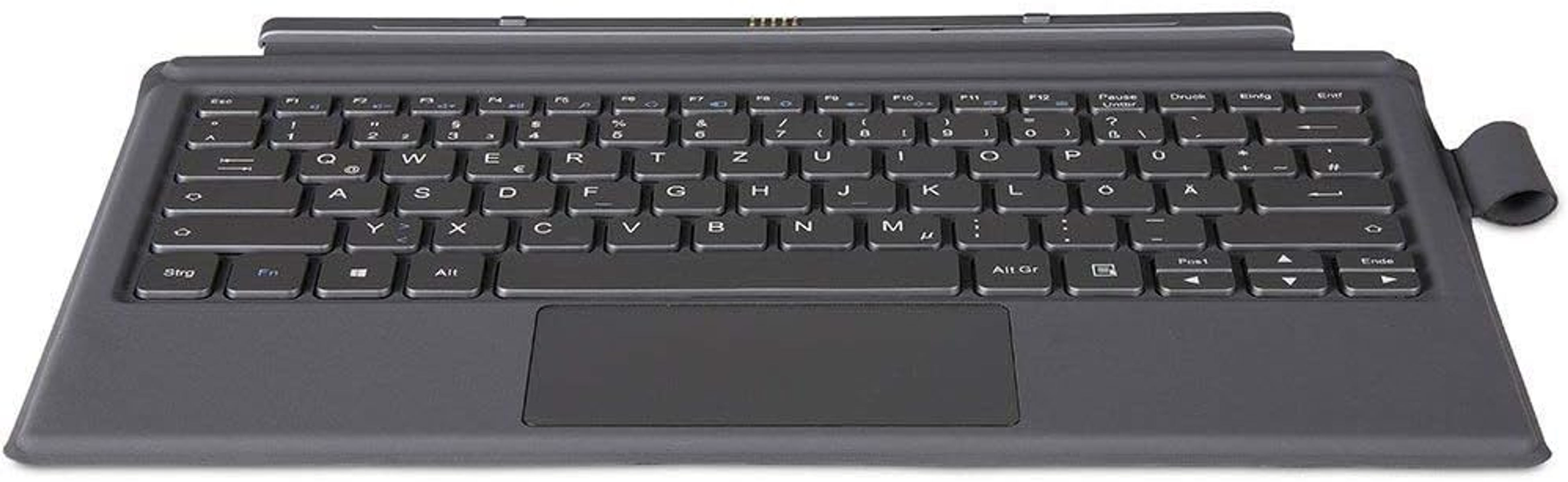 Dunkelgraue Tastatur mit weißen Buchstaben und einem Touchpad. Es ist eine faltbare Tastatur.