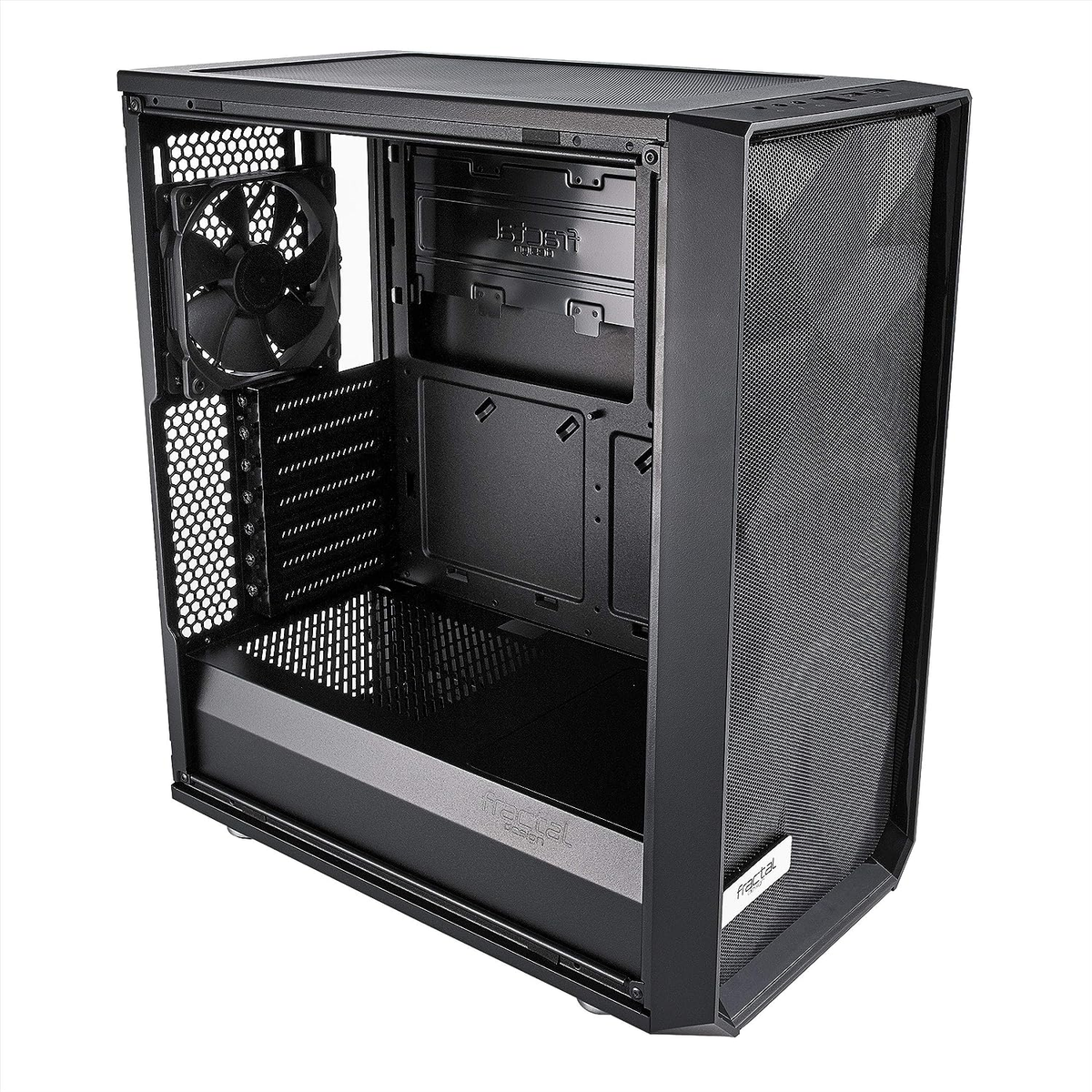 Czarna obudowa komputera z siatkowym przodem i wentylatorem w środku.