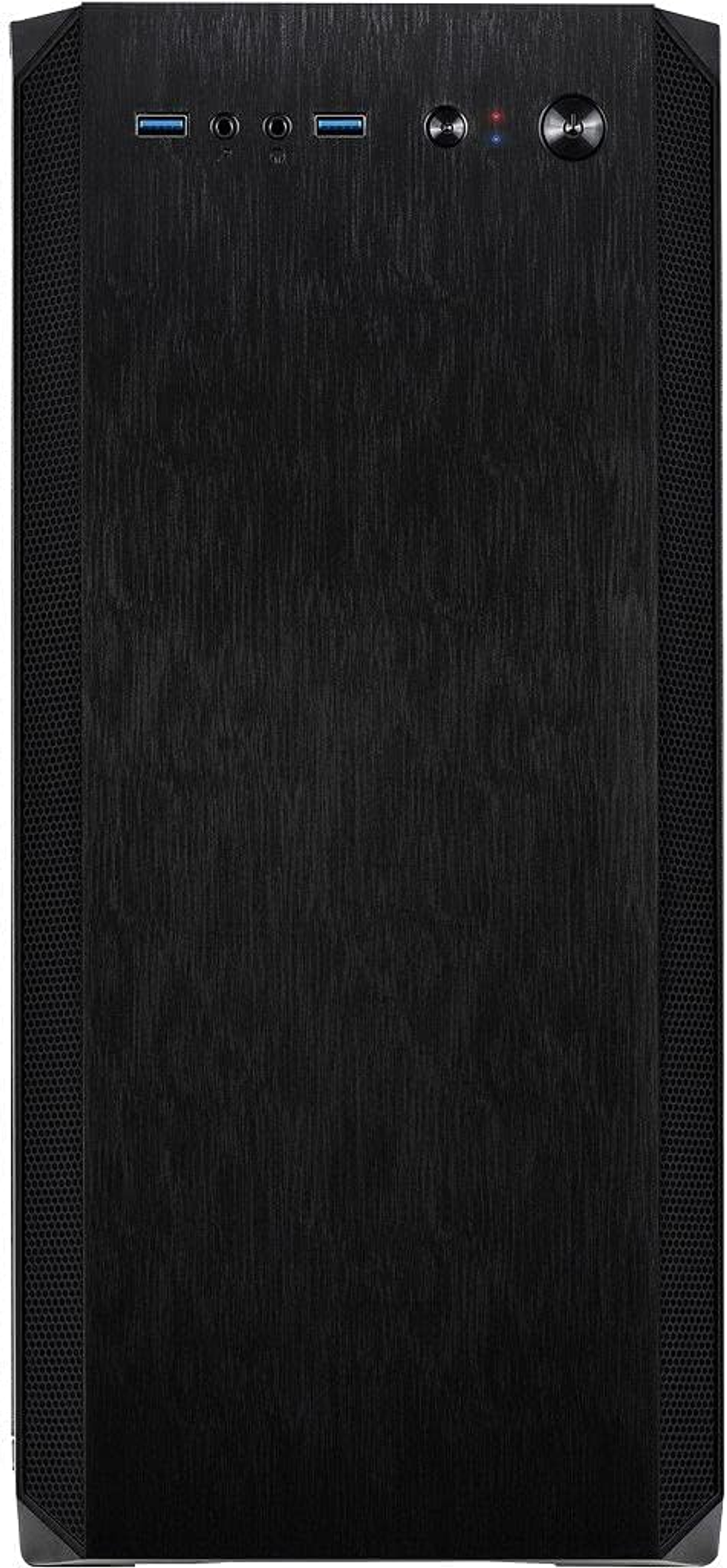 Schwarzes Computergehäuse. Mit Mesh-Frontblende und verschiedenen Anschlüssen. Strom- und USB-Anschlüsse sichtbar.