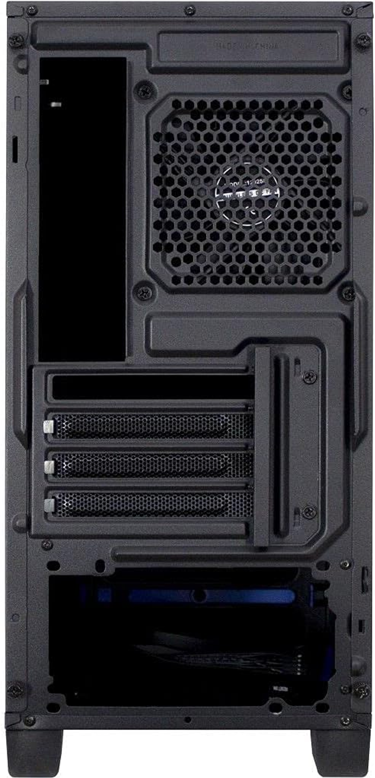 Rückseite eines schwarzen Computergehäuses mit verschiedenen Öffnungen und einem Lüfter.