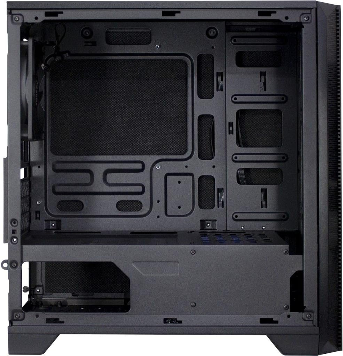 Offenes schwarzes Computergehäuse. Innenraum ist sichtbar. Das Gehäuse ist leer und bereit für Komponenten.